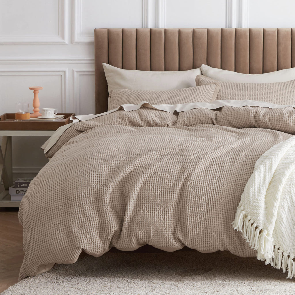 Bedsure Cotton Duvet Cover King - 100% Cotton Waffle Weave Khaki Duvet Cover, Soft And Breathable Tan Duvet Cover Set For All Se