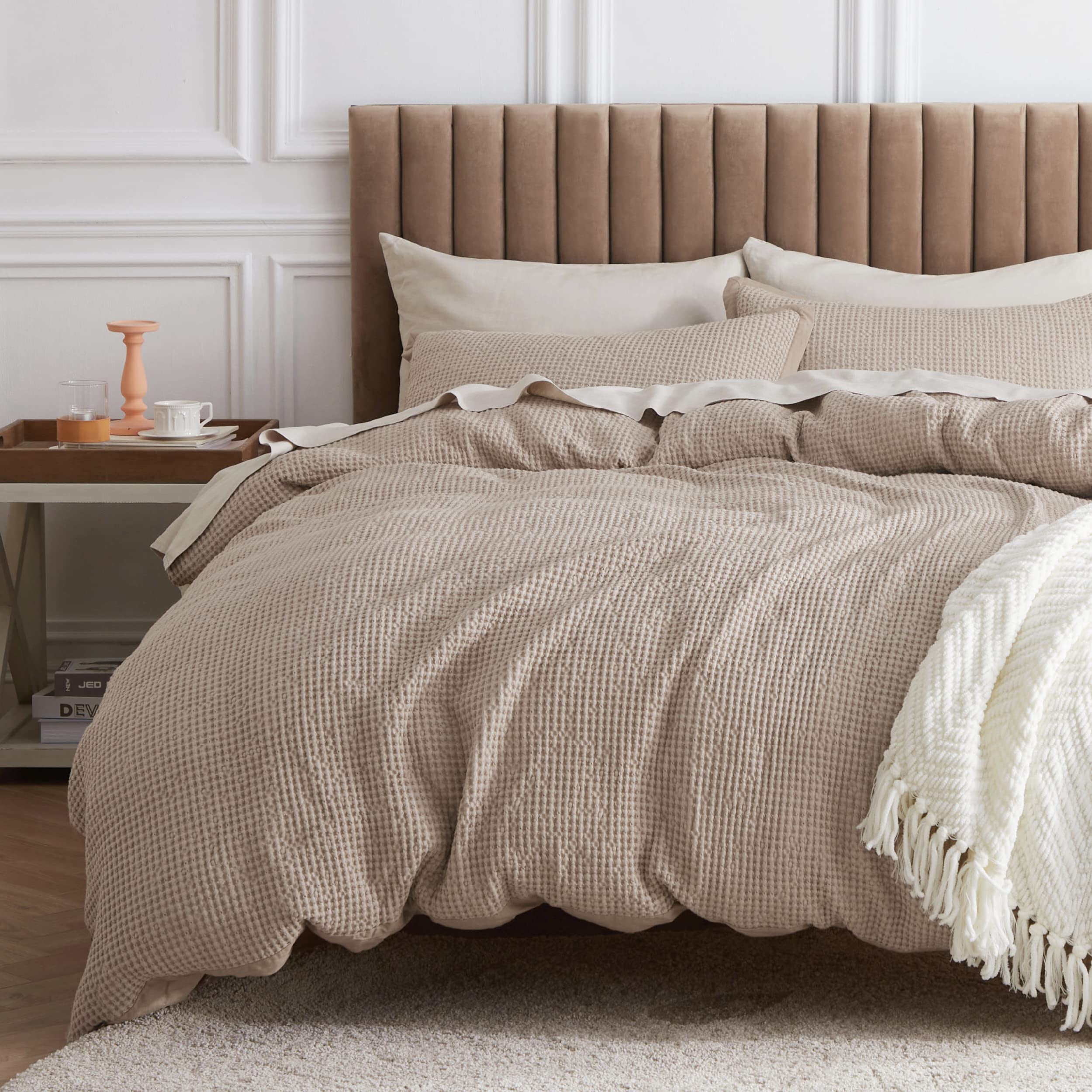Bedsure Cotton Duvet Cover King - 100% Cotton Waffle Weave Khaki Duvet Cover, Soft And Breathable Tan Duvet Cover Set For All Se