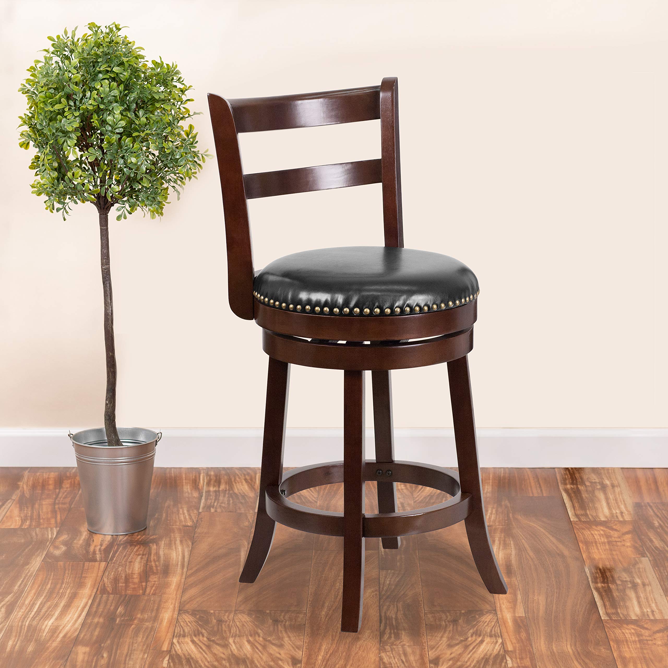 Flash Furniture Ronnie 26'' High Cappuccino Wood Counter Height Stool With Single Slat Ladder Back And Black Leathersoft Swivel Seat