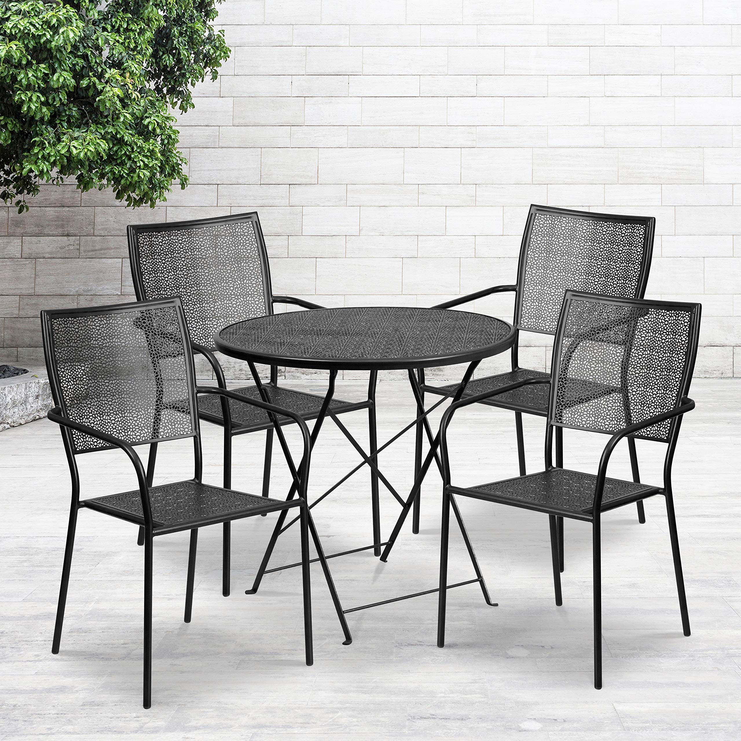 Flash Furniture Oia Commercial Grade 30 Round Black Indoor-Outdoor Steel Folding Patio Table Set with 4 Square Back Chairs