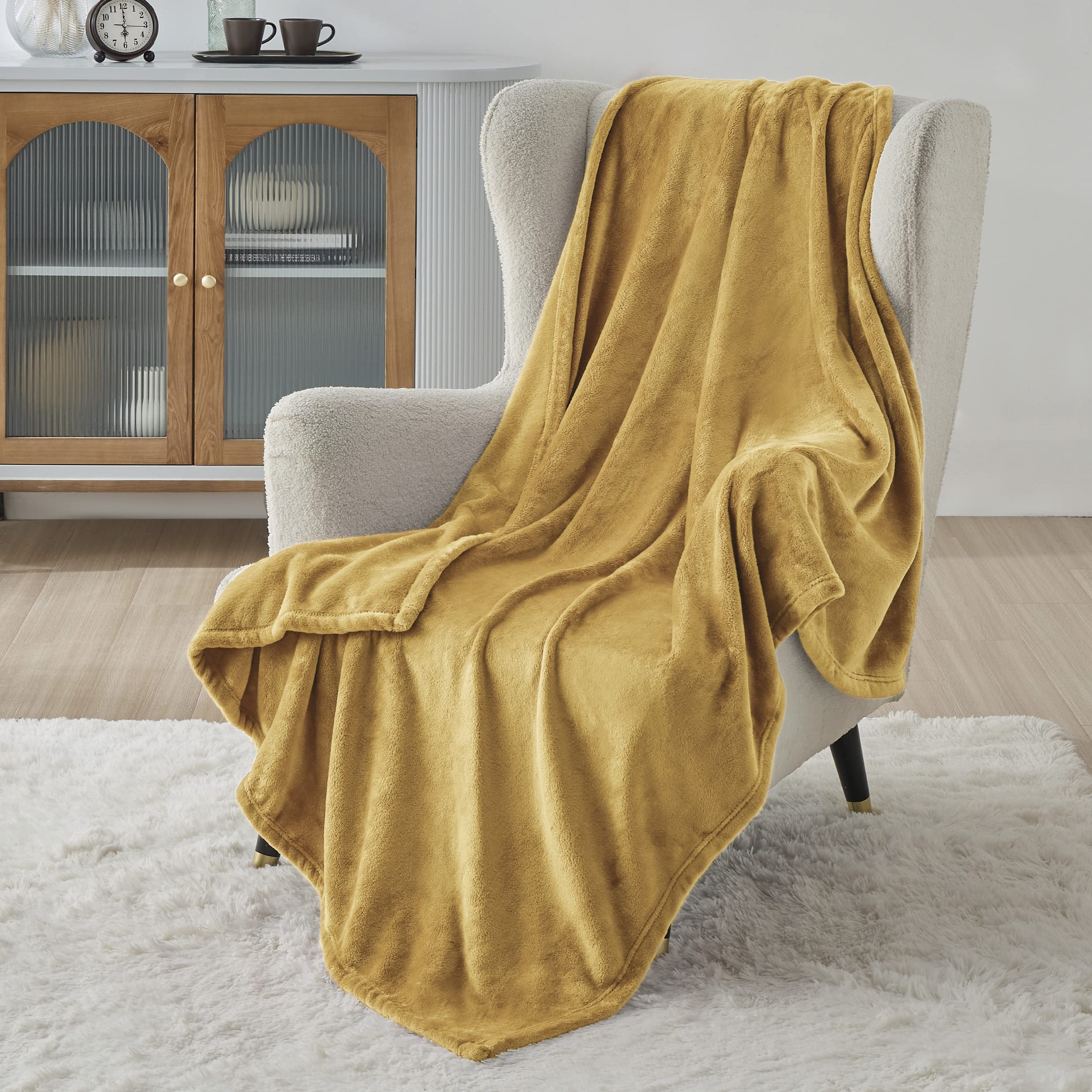 Bedsure Mustard Yellow Fleece Blanket Throw Blanket - Gold Lightweight Blanket For Sofa, Couch, Bed, Camping, Travel - Super Sof
