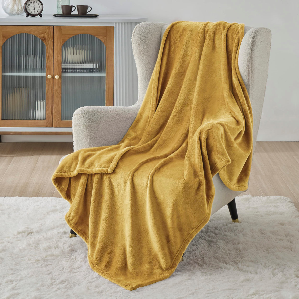 Bedsure Mustard Yellow Fleece Blanket Throw Blanket - Gold Lightweight Blanket For Sofa, Couch, Bed, Camping, Travel - Super Sof