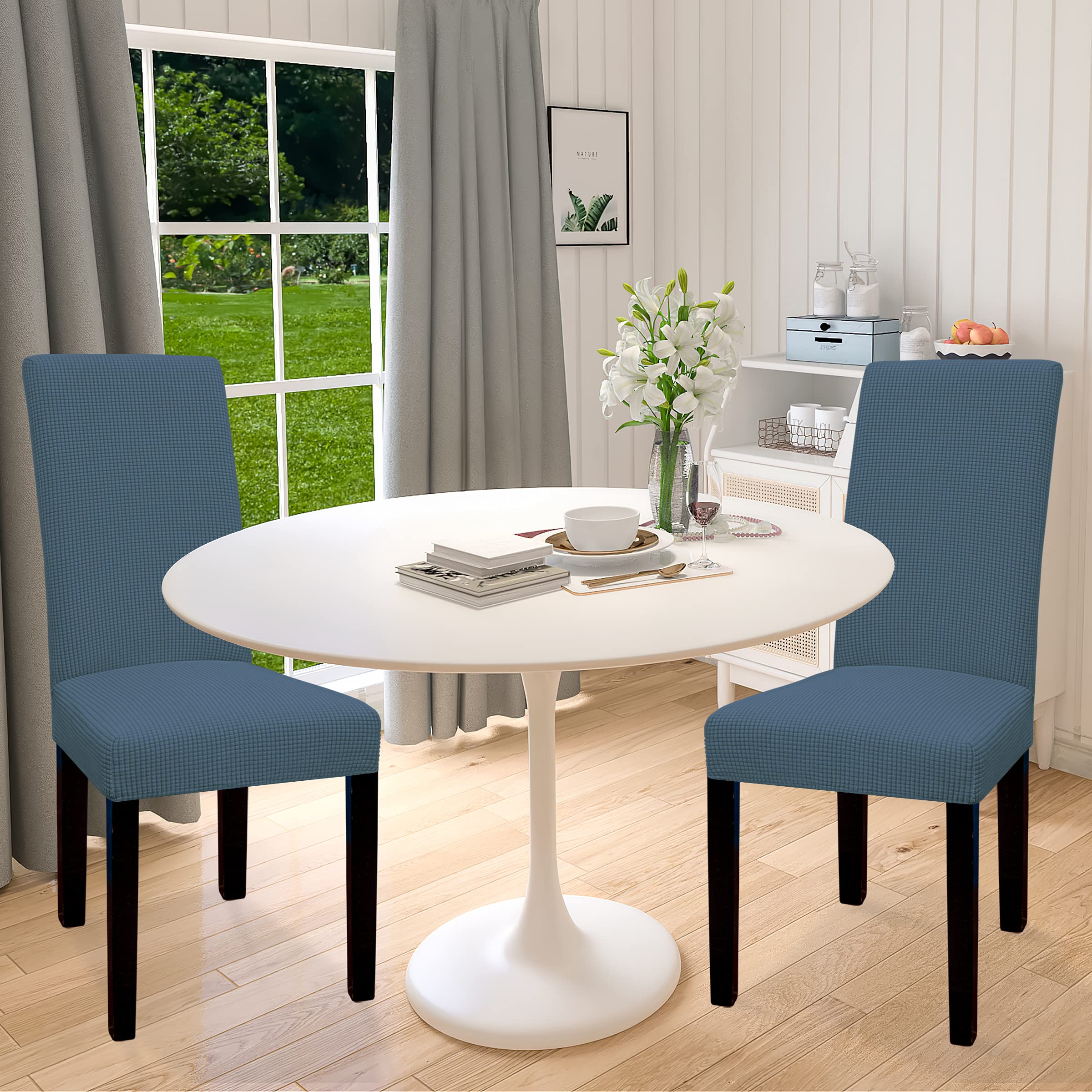 Easy-Going 100% Waterproof Dining Room Chair Cover Set Of 2, Stretch Jacquard Parson Chair Slipcover Removable Washable Chair Protector For Home, Restaurant, Banquet (Large, Bluestone)