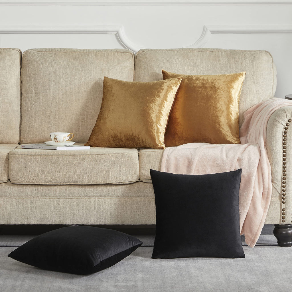 Gigizaza Decorative Throw Pillow Covers 18 X 18,Gold Black Soft, Set Of 4 Square Velvet Cushion Covers
