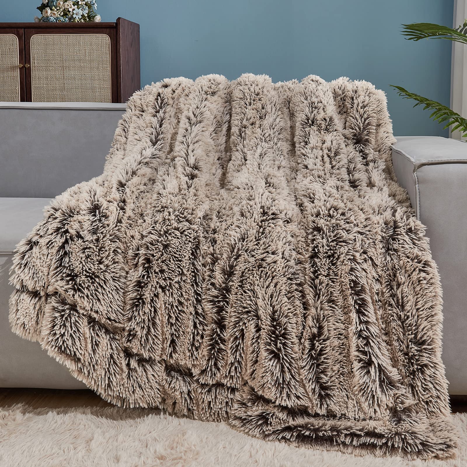Gonaap Fuzzy Faux Fur Throw Blanket Frosty Brown Super Soft Cozy Plush Fuzzy Shaggy Blanket For Couch Sofa Bed (Frosty Brown, Th