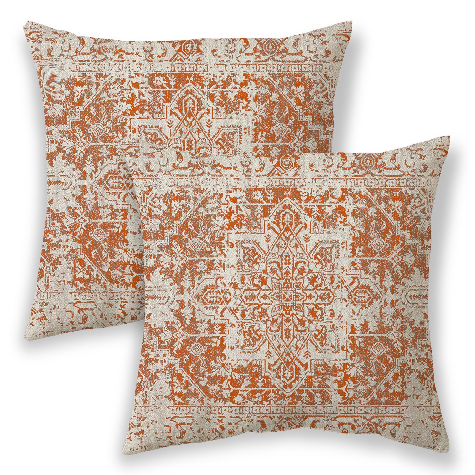 Betginy Fall Boho Pillow Covers 24X24, Orange And Cream Ethnic Design Outdoor Decorative Throw Pillows For Couch, Carpet Pattern Decor Cushion Cover 2 Pcs Farmhouse Linen Pillowcase For Bed Car Safa