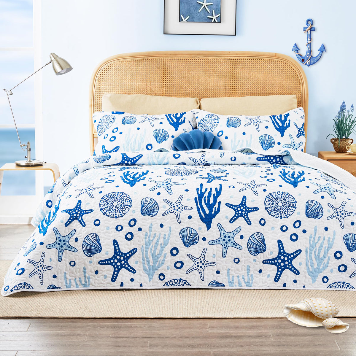 Love'S Cabin King Size Quilt Bedding Set Coastal White Bedspreads - Summer Beach Nautical Quilt Lightweight Bedspread- Reversibl