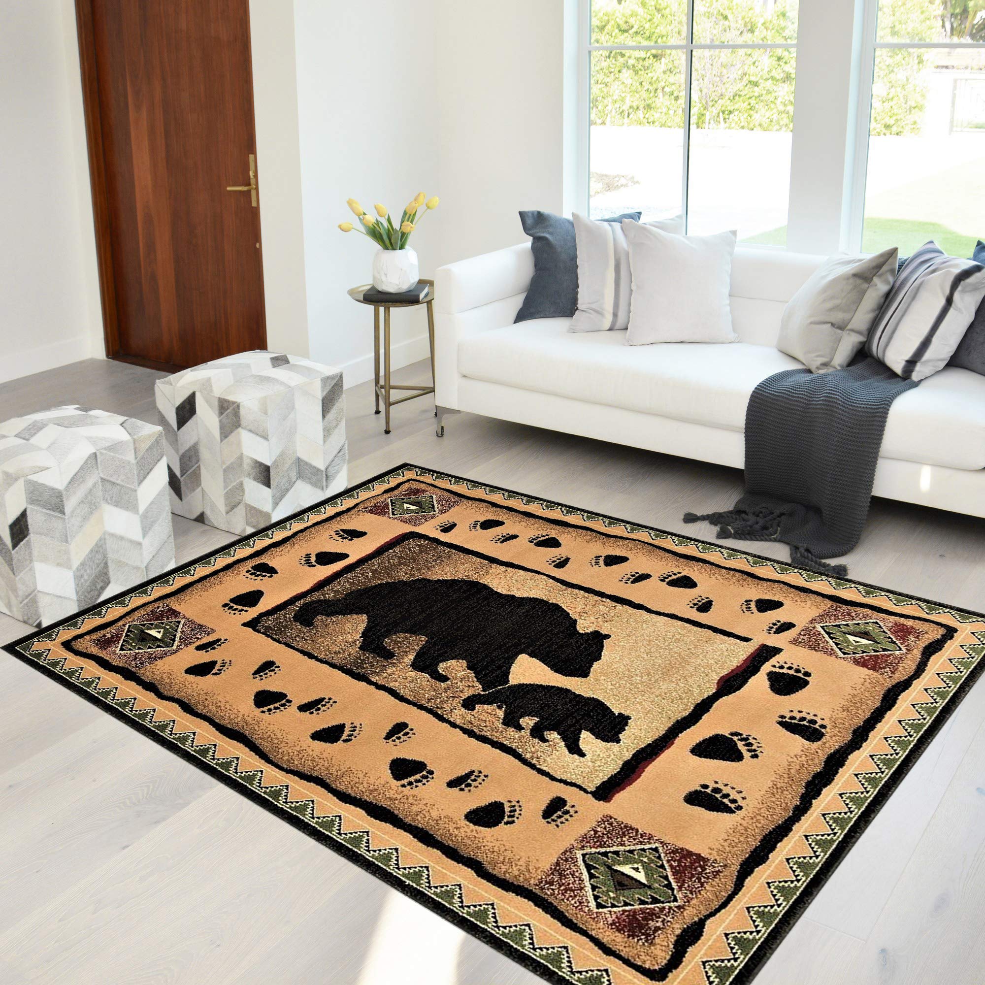 HR Cabin Rug-Lodge, Cabin Nature and Animals Area Rug-Modern Geometric Design Cabin Area Rug-Abstract, Brown/Green/Red-Mother Be