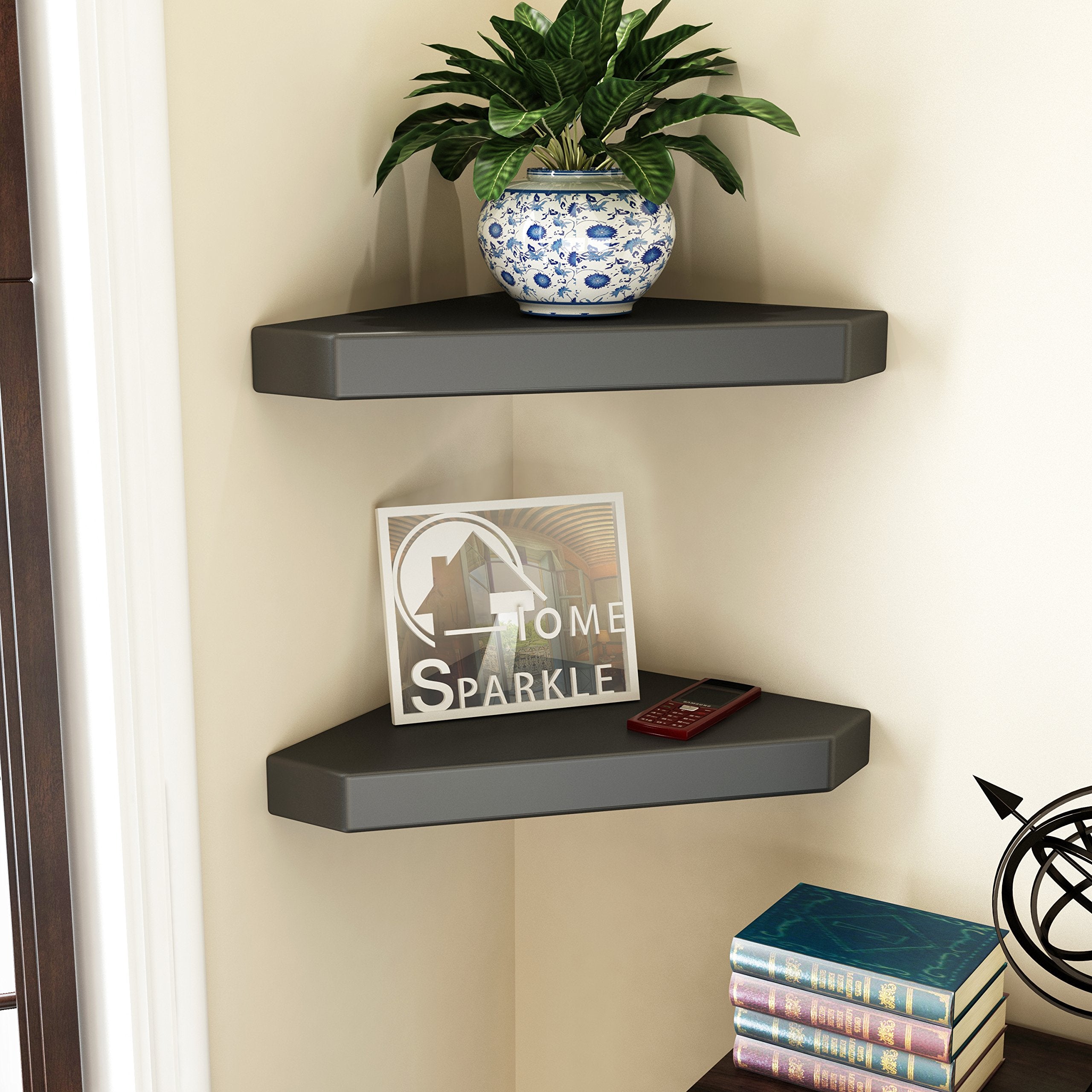 Home Sparkle Set of 2 Corner Wall Shelves Engineered Wood (Black)