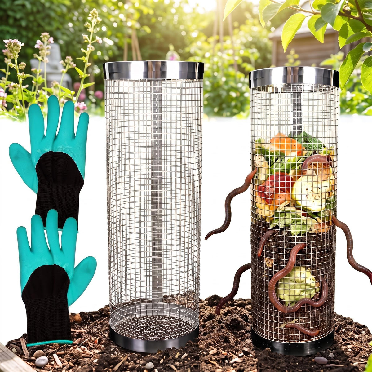 Stainless Steel Worm Composter,InGround Kitchen Scrap Bin w/Lids Garden
