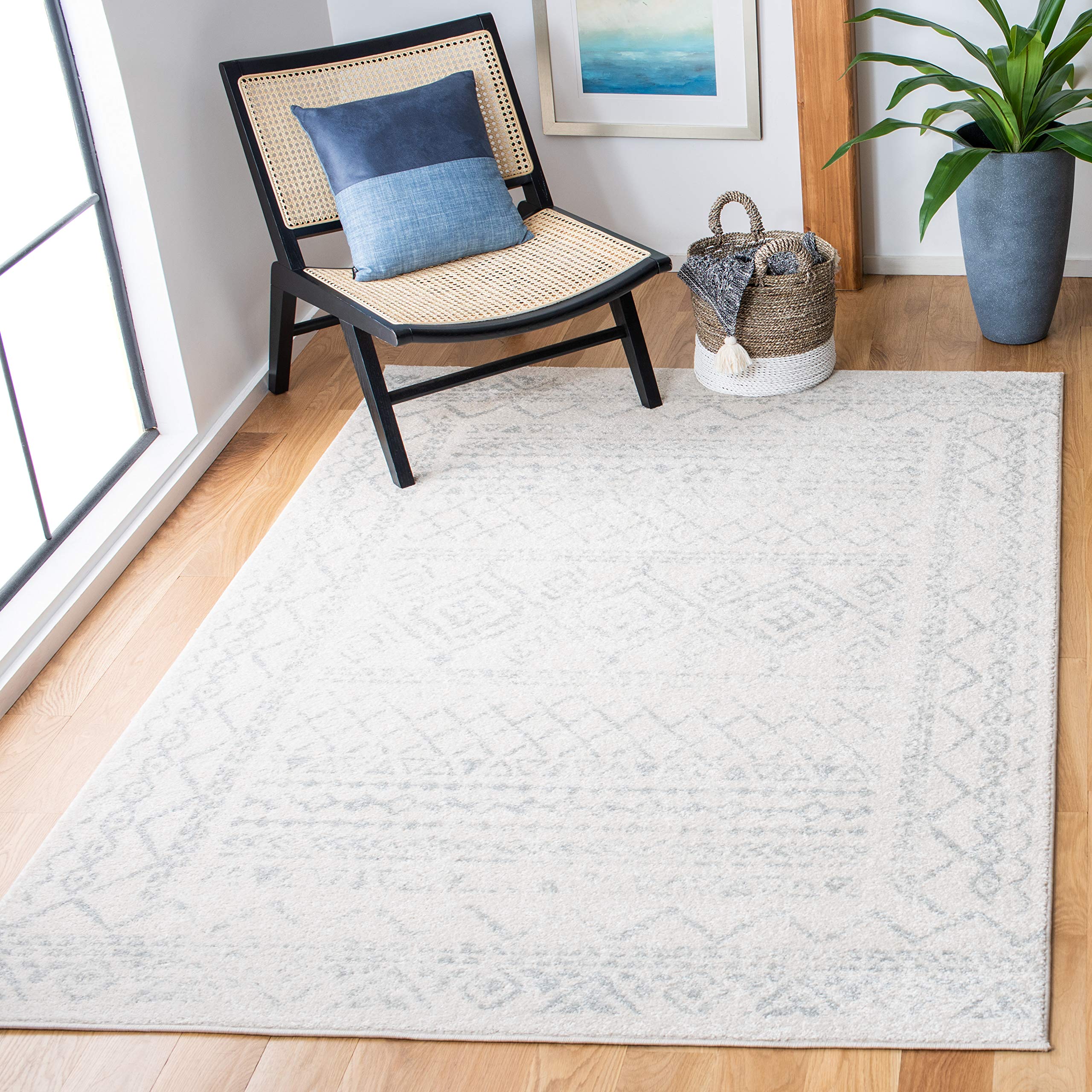 SAFAVIEH Tulum Collection Area Rug - 5 Square, Ivory & Light Grey, Moroccan Boho Distressed Design, Non-Shedding & Easy Care, I