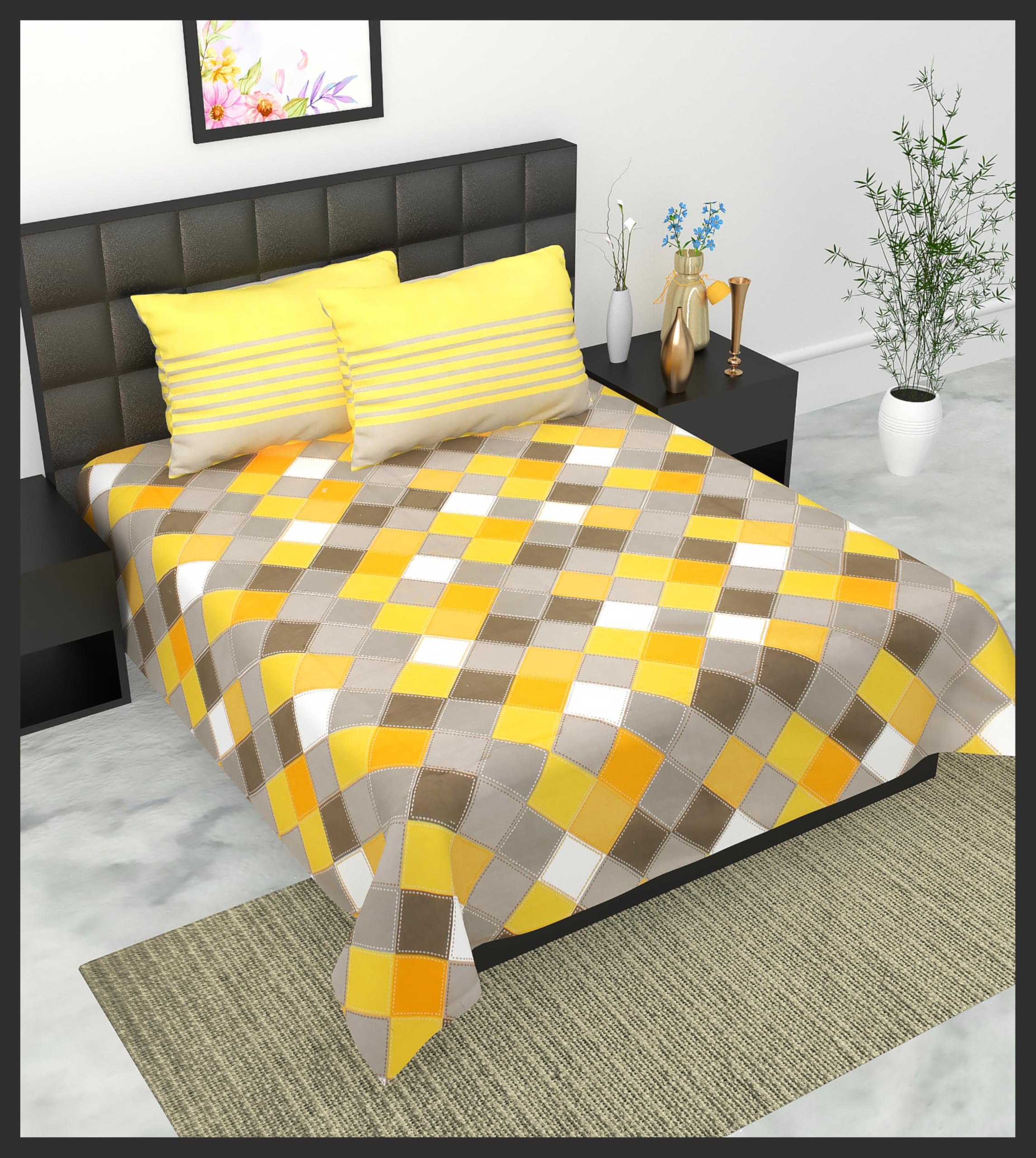 Jaipur Prints Checkered Bedding Set With Comforter And Pillow Covers, Yellow Brown White, Geometric Pattern