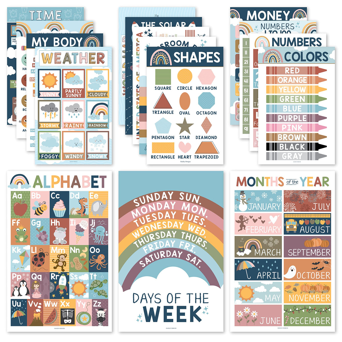 Hadley Designs 16 Boho Kids Educational Posters For Toddlers - Teacher Posters For Classroom Posters Elementary, Pre K Learning