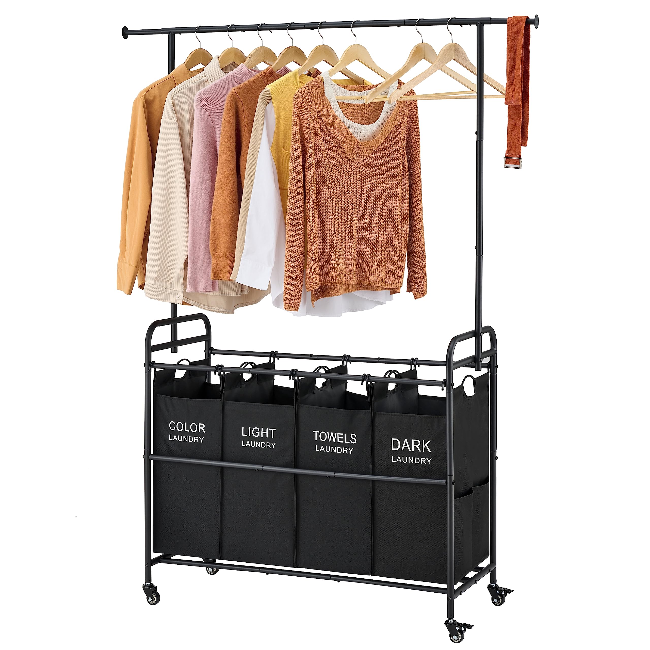 Tajsoon Laundry Sorter Cart with Hanging Clothes Rack, 4 Butler Sorter Basket Organizer, Laundry Hamper Cart with Heavy Duty Rol