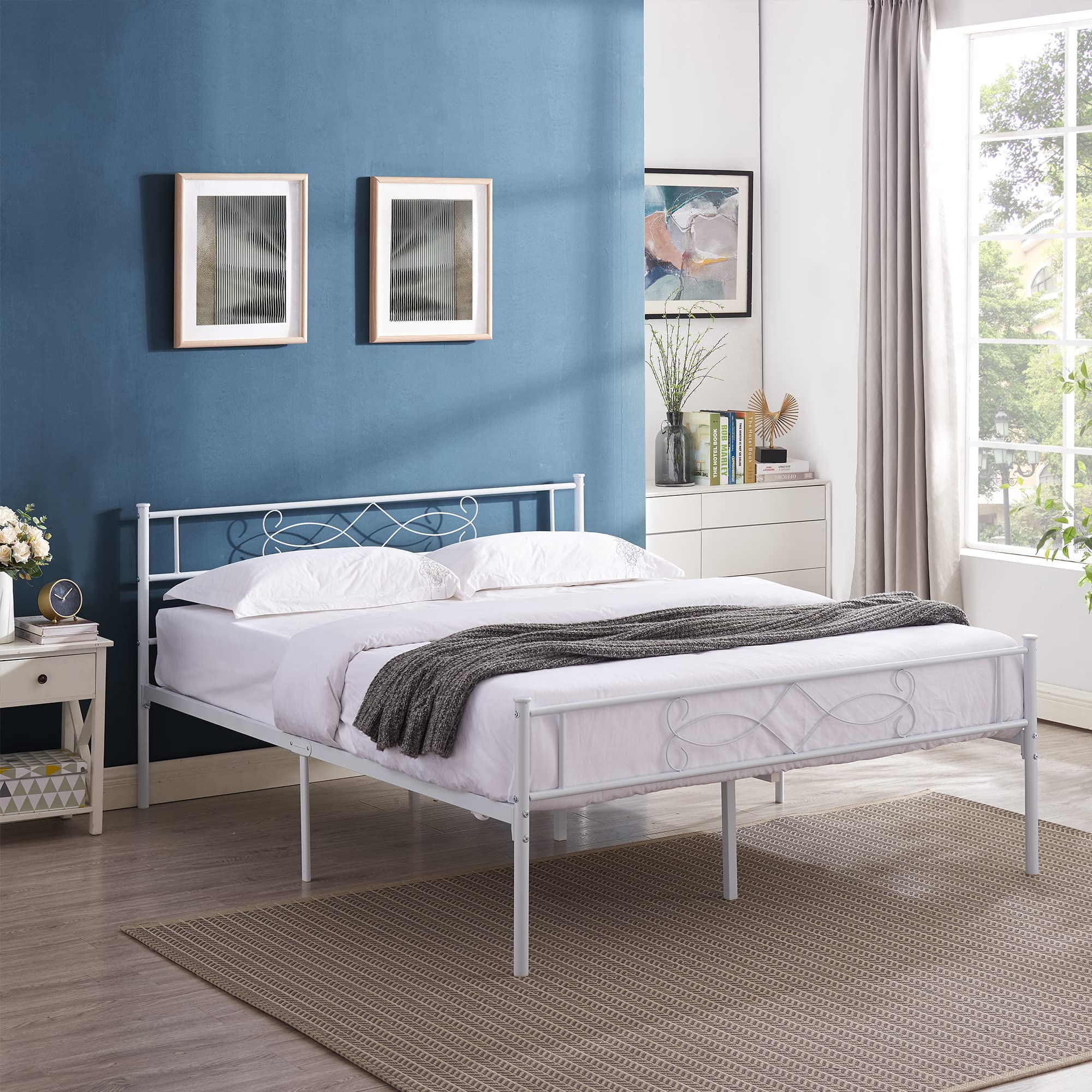 Vecelo 14' Full Size White Metal Platform Bed Frame With Headboard,Premium Steel Slat Support/No Box Spring Needed/Noise-Free/Easy Assembly