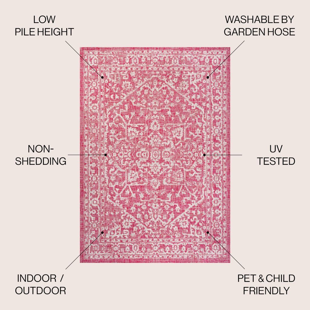 Jonathan Y Smb104E-5 Malta Bohemian Medallion Textured Weave Indoor Outdoor Area-Rug, Coastal Traditional Easy-Cleaning,Bedroom,Kitchen,Backyard,Patio,Non Shedding, 5 X 8, Fuchsia/Light Gray