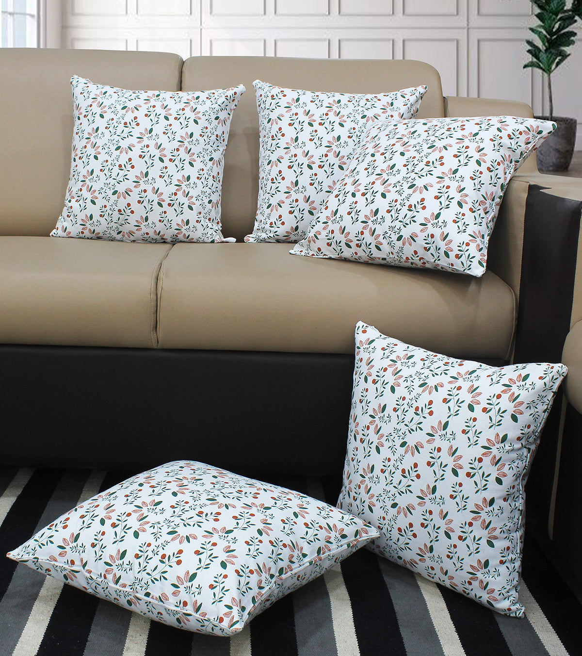 Airwill Cotton Kathambari Leaf Themed Cushion Covers For Cushions & Pillows (Green & Orange, Pack Of 5)