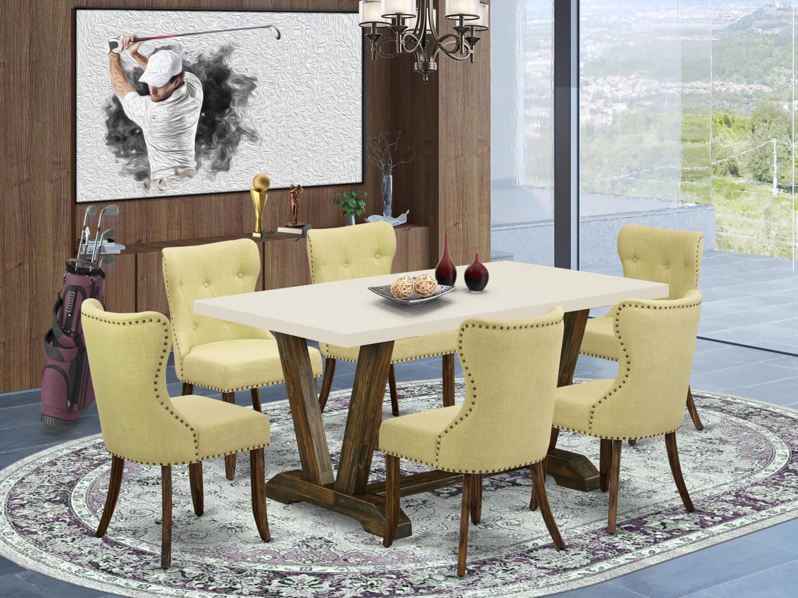 East West Furniture V726Si737-7 7 Piece Kitchen Table Set Consist Of A Rectangle Dining Table With V-Legs And 6 Limelight Linen Fabric Parsons Dining Chairs, 36X60 Inch, Multi-Color