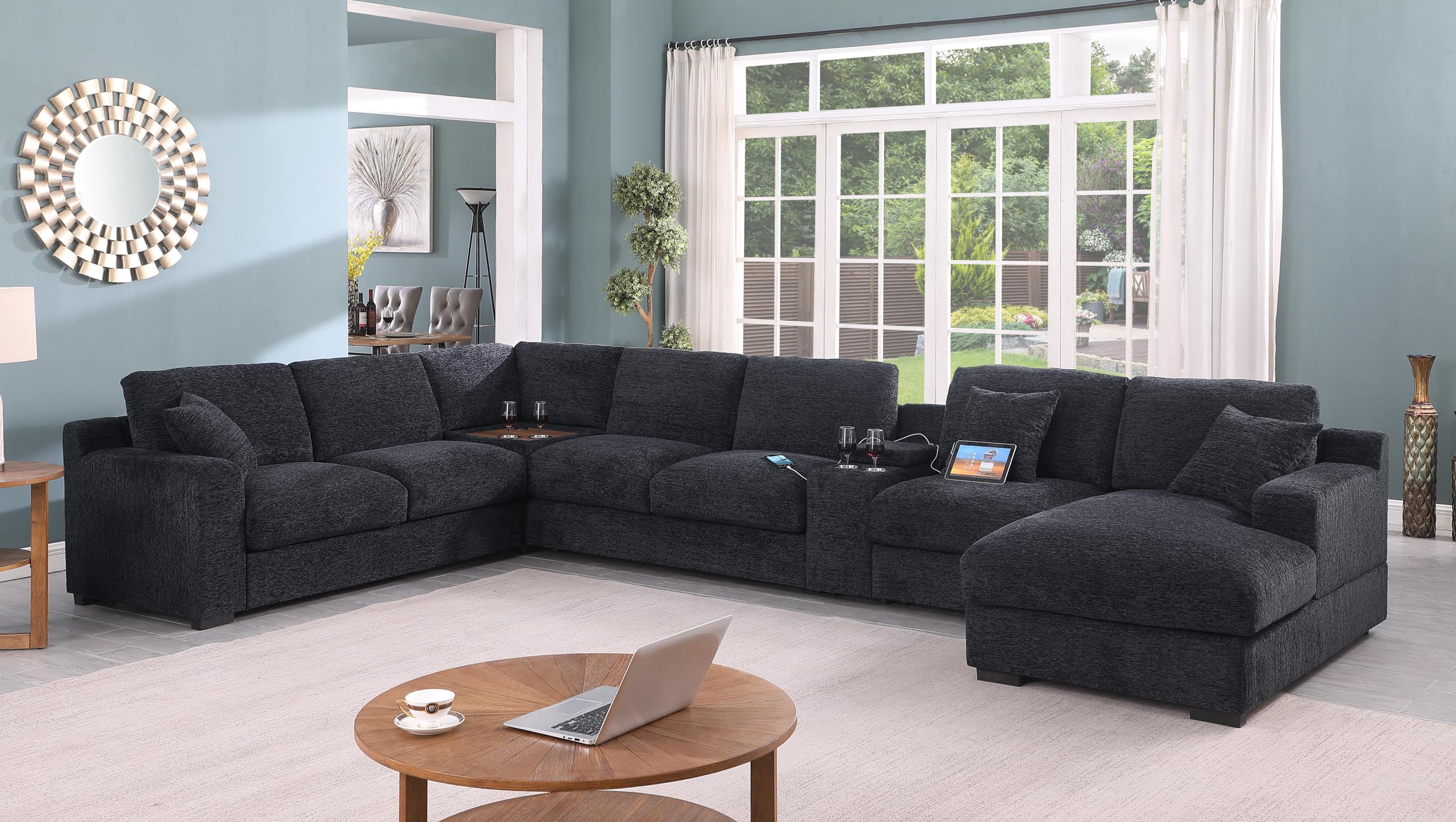 Lilola Home Celine Dark Gray Chenille Fabric Corner Sectional Sofa with Right-Facing Chaise, Cupholders, and Charging Ports