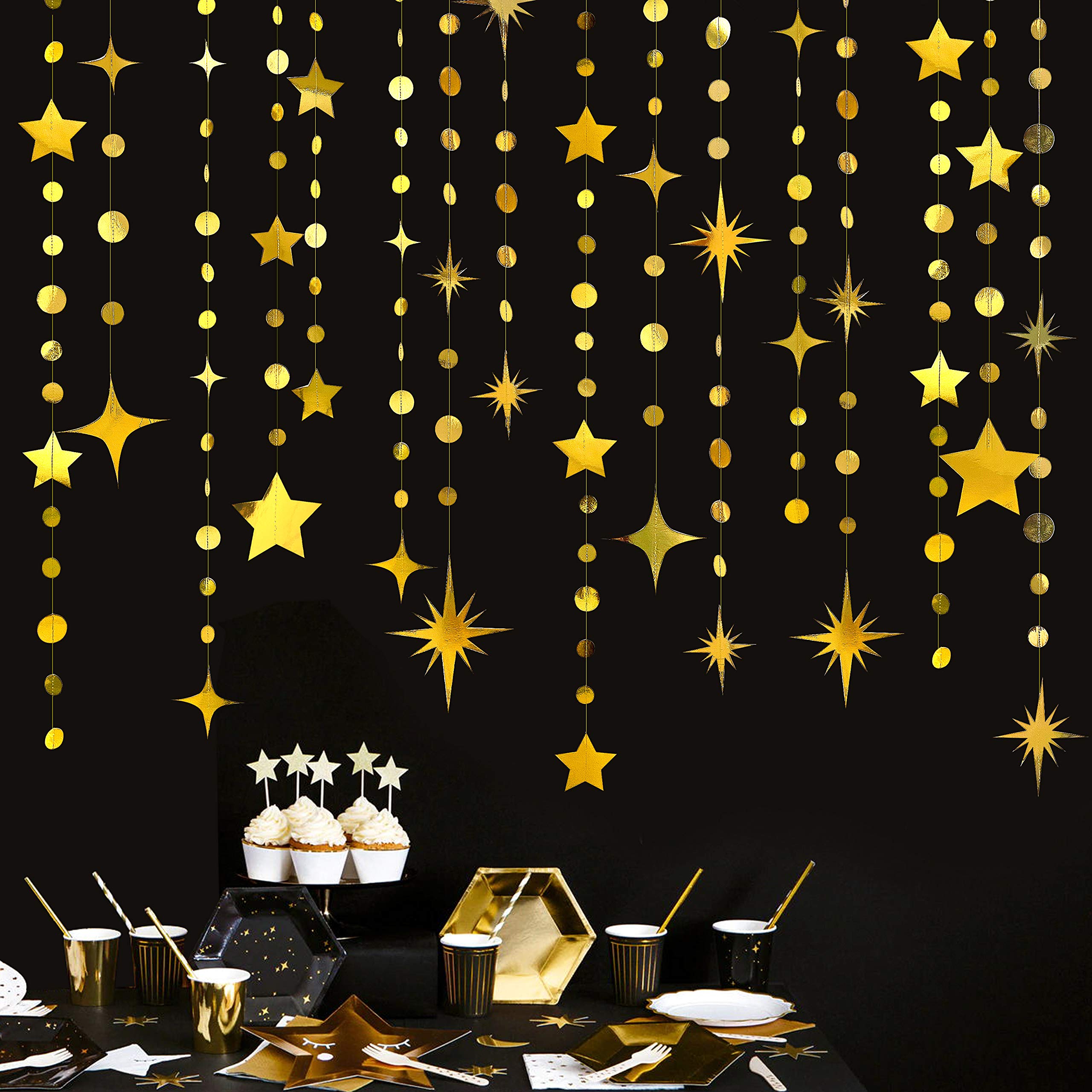 Gold Party Decorations Star Circle Dot Paper Garland Banner Bunting Streamer Metallic Hanging Twinkle Star Decoration for Christ