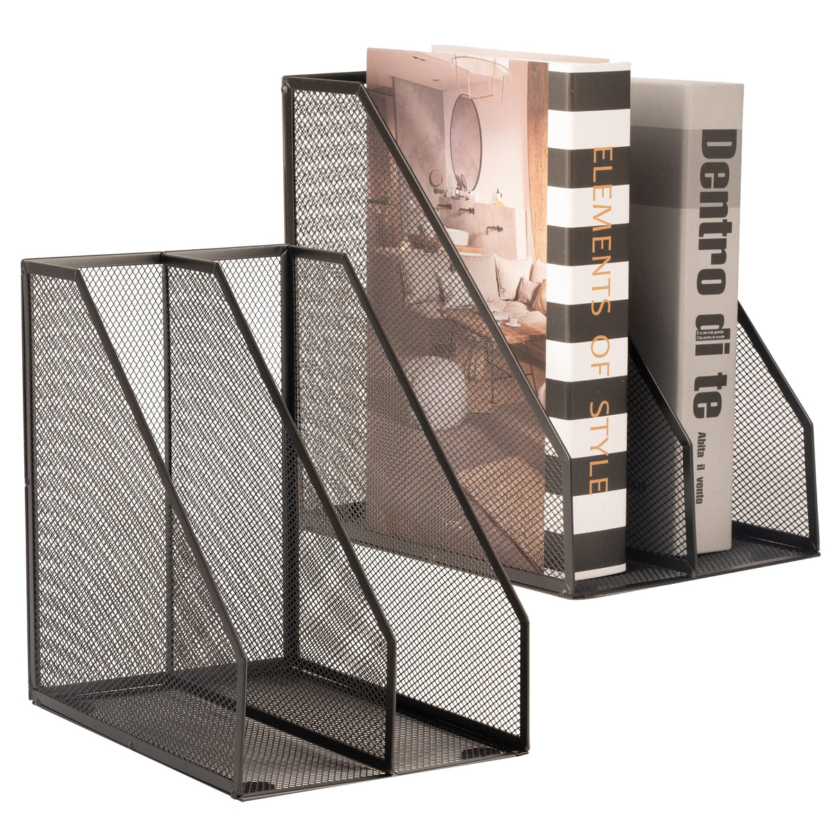 2 Set Magazine Holder Metal Wire, 2 Compartments Mesh File Holder For Desk, Office Desk Accessories Decorative File Box, Black