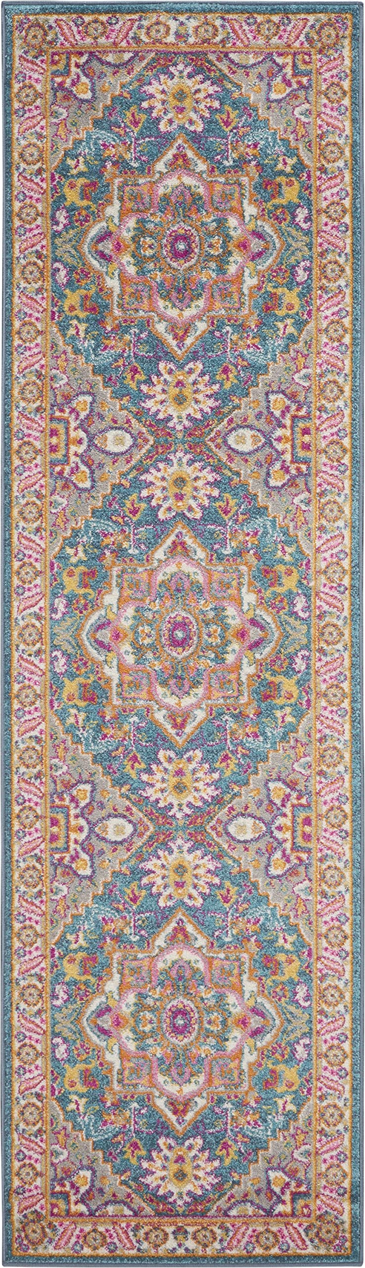 HomeRoots Teal Multicolor 100% Polypropylene 2’ x 8’ Teal and Pink Medallion Runner Rug