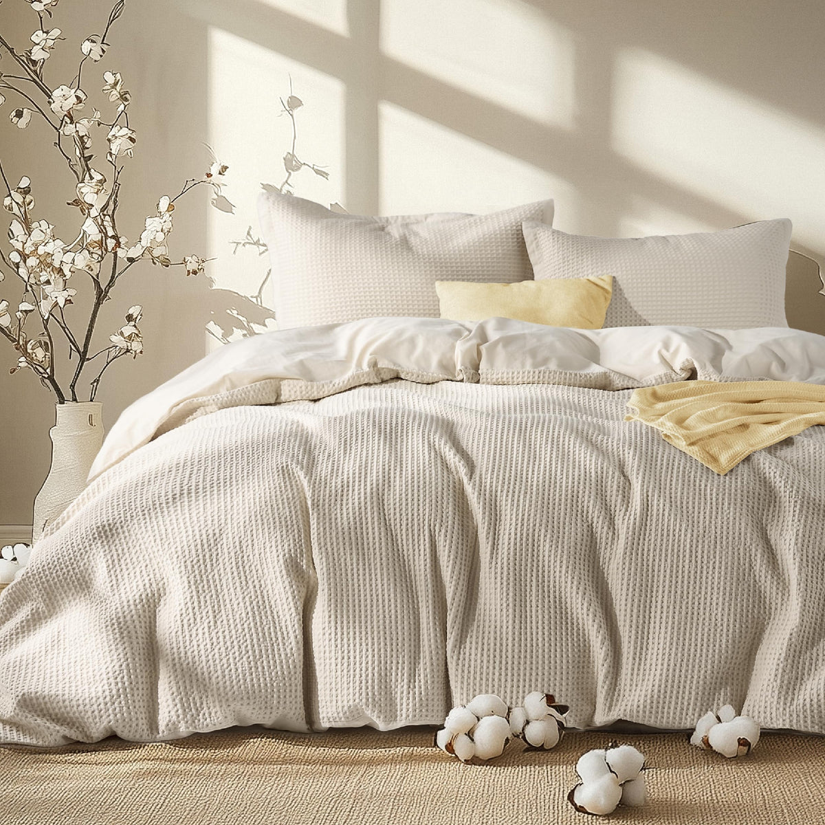 Bedsure Waffle Comforter Set Queen, Beige Soft Cotton Bedding, Waffle Weave Bed Set, 3 Pieces, 1 Comforter (90'X90') And 2 Pillow Shams, Premium Cotton Cover With Polyester Fill For All Seasons