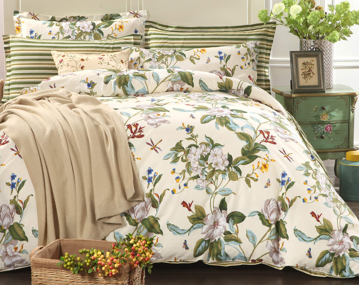 Fadfay Floral Duvet Cover Set 100% Cotton Green And Beige Striped Shabby Flower Bedding Branches Summer Bedding Reversible 600 T
