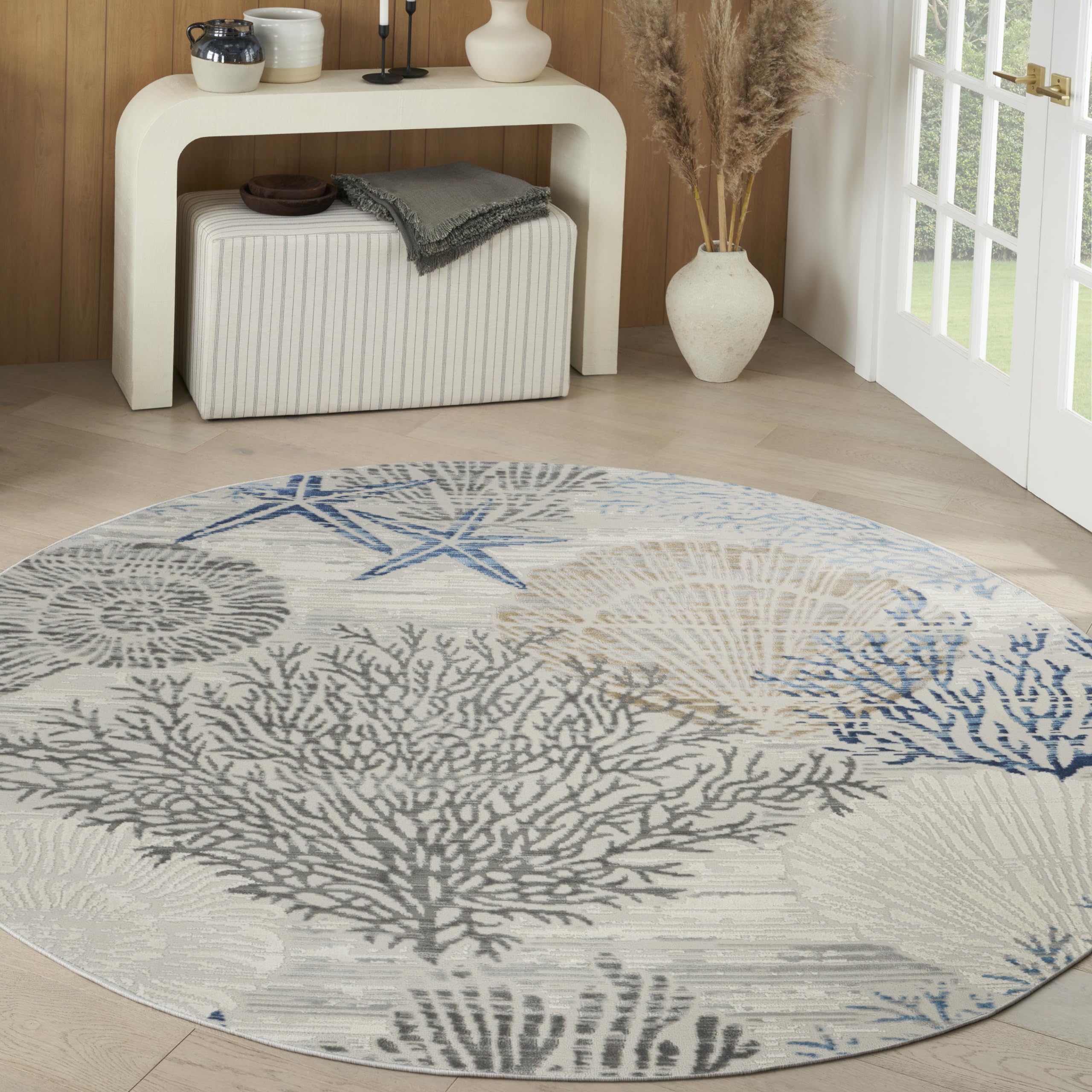 Nourison Pompeii Modern Ivory Grey Blue 710 x Round Area -Rug, Easy -Cleaning, Non Shedding, Bed Room, Living Room, Dining Room