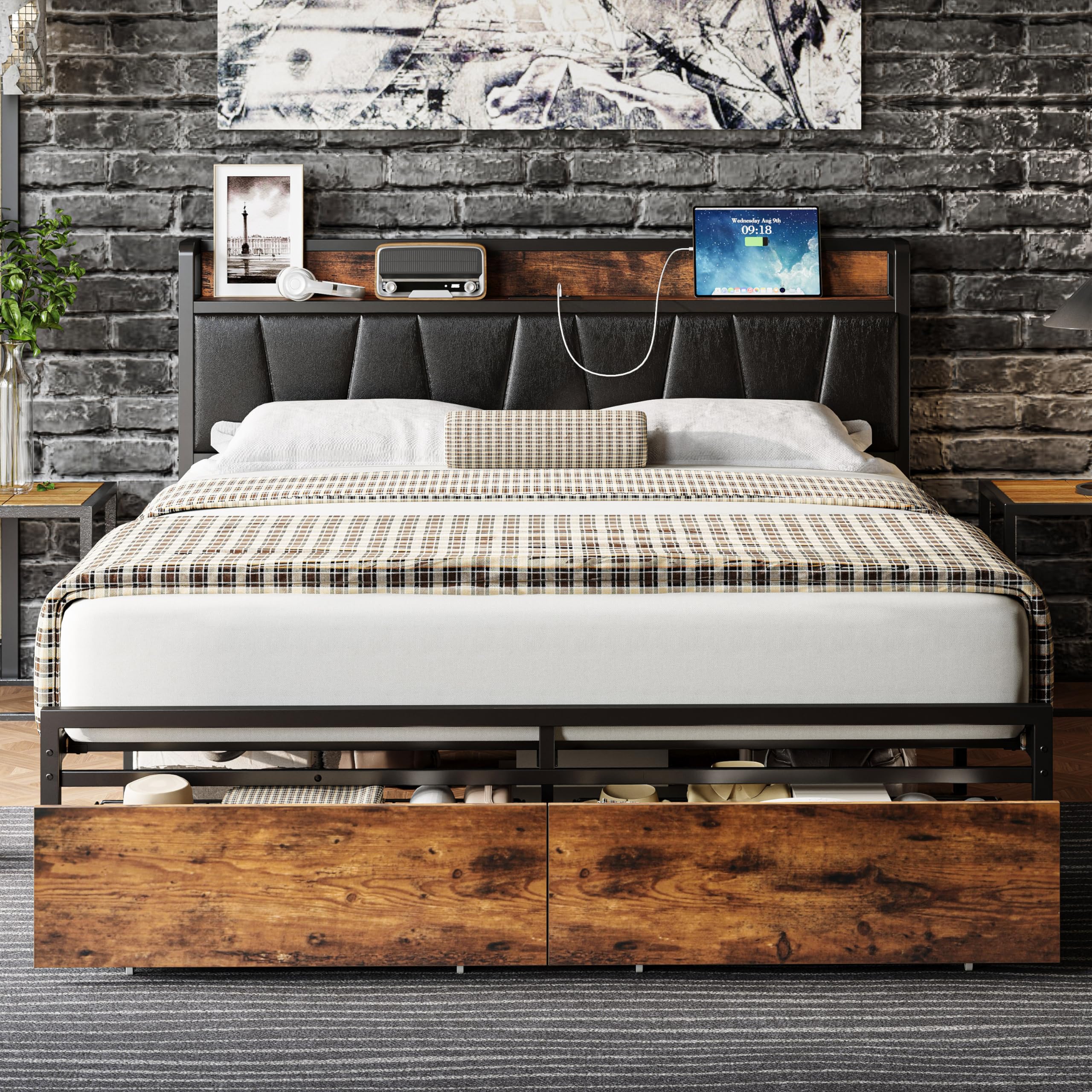 Likimio Full Size Bed Frame, Storage Headboard With Charging Station, Platform Bed With Drawers, No Box Spring Needed, Easy Assembly, Vintage Brown And Black