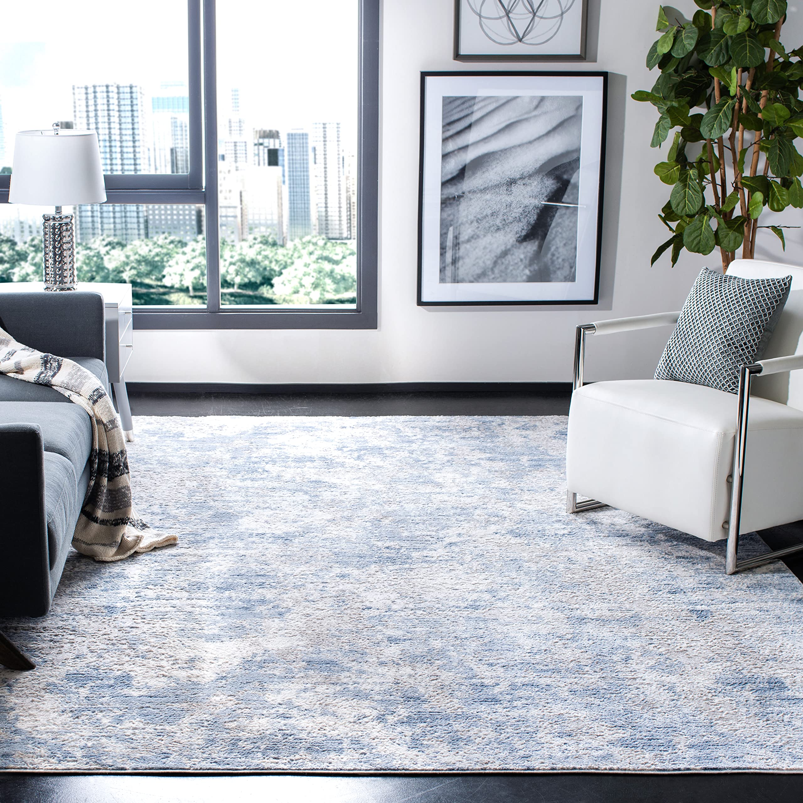 SAFAVIEH Amelia Collection Area Rug - 12' Square, Grey & Blue, Modern Abstract Design, Ideal for High Traffic Areas in Living Ro