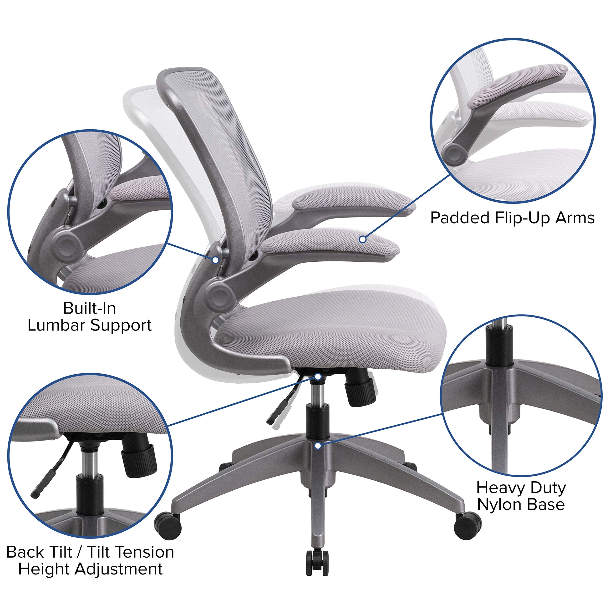 Flash Furniture Kale Mid-Back Gray Mesh Swivel Ergonomic Task Office Chair With Gray Frame And Flip-Up Arms