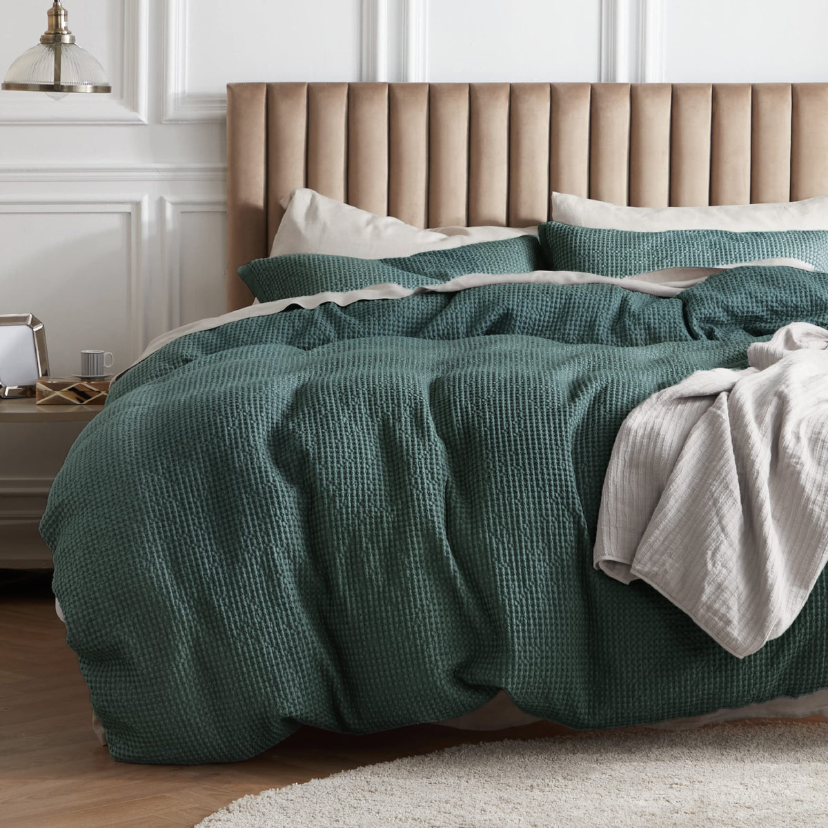 Bedsure Cotton Duvet Cover King - 100% Cotton Waffle Weave Forest Green Duvet Cover King Size, Soft And Breathable King Duvet Co