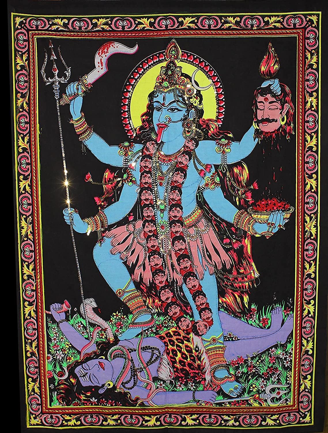 Gangesindia Goddess Kali Mata - Sequin Decorated Cloth Print Wall Decor