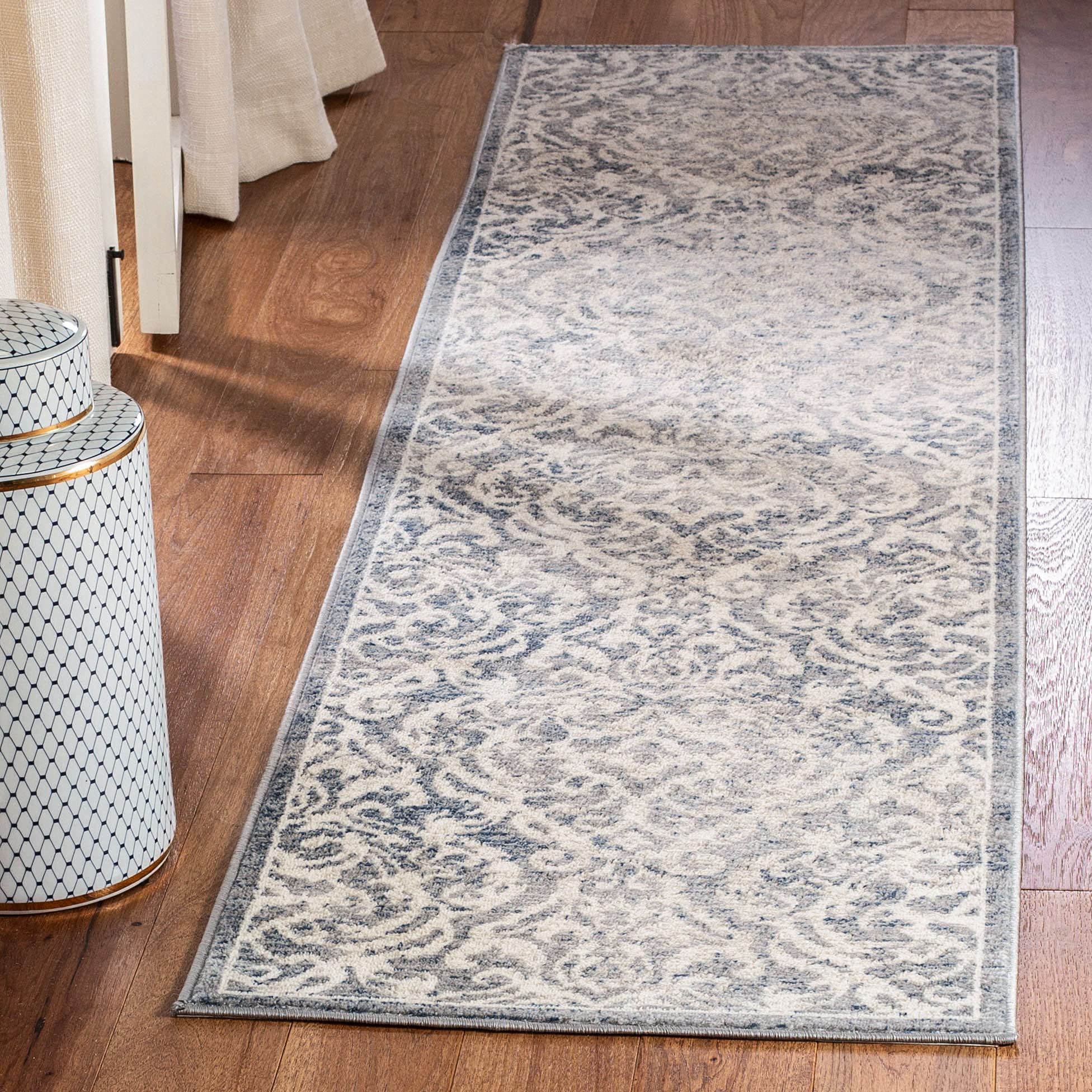 SAFAVIEH Brentwood Collection 2 x 6 Light Grey/Blue BNT810G Damask Non-Shedding Living Room Entryway Foyer Hallway Bedroom Run