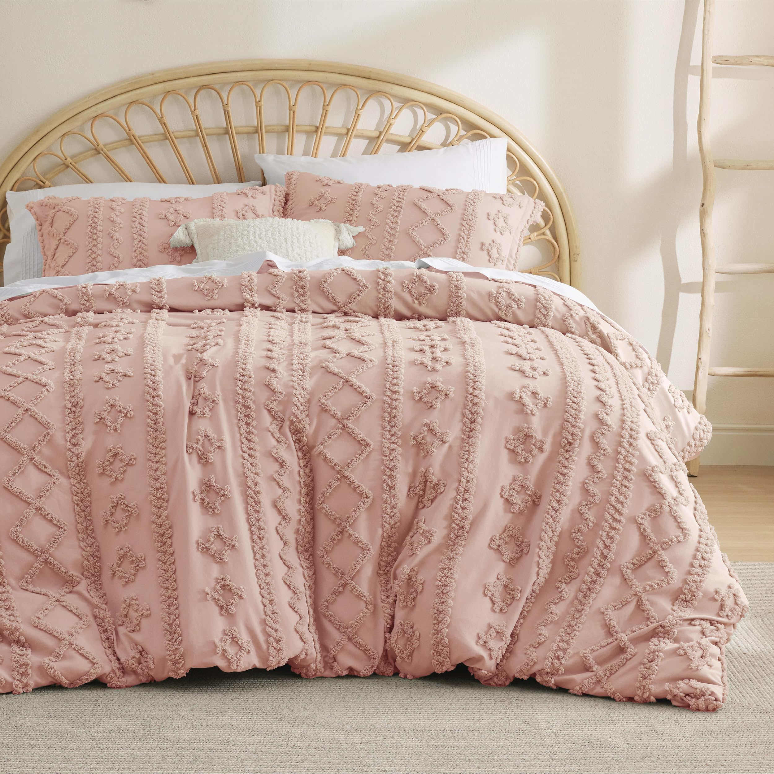 Bedsure Boho Duvet Cover King Size - Tufted Duvet Cover King Size For All Seasons, 3 Pieces Soft Shabby Chic Embroidery Boho Bedding Duvet Cover For Gifts (Pink, King, 104X90)