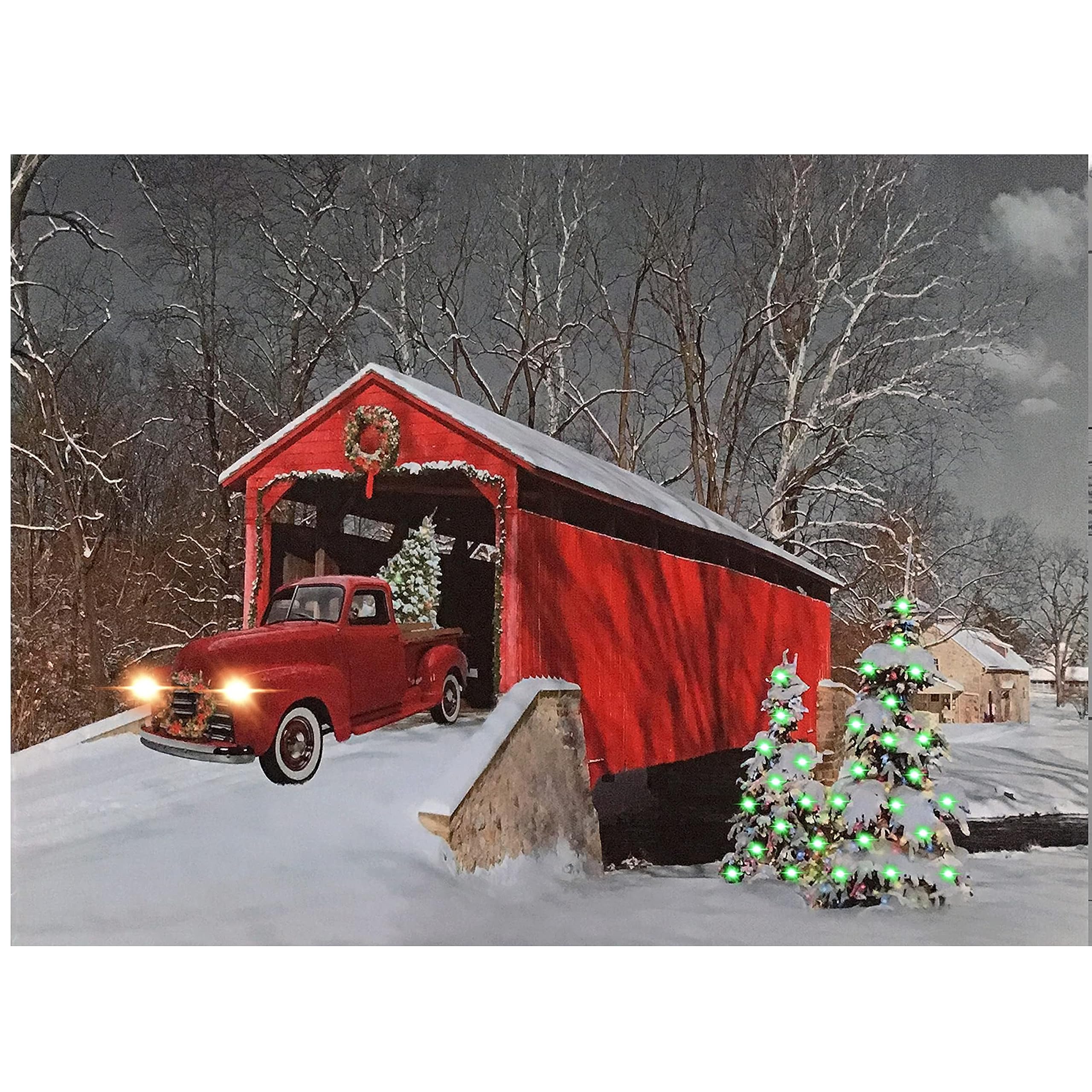 BANBERRY DESIGNS Lighted Red Truck Covered Bridge Canvas Print - Christmas Picture with LED and Fiber Optic Lights - Winter Scen