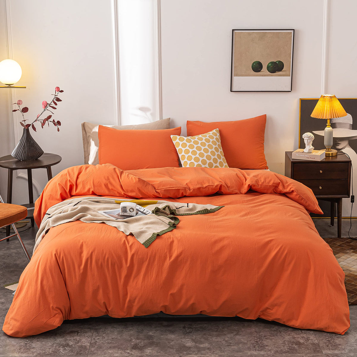 Janlive Washed Cotton Duvet Cover Twin Ultra Soft 100% Cotton Solid Color Orange Duvet Cover Set With Zipper Closure - 2 Pieces