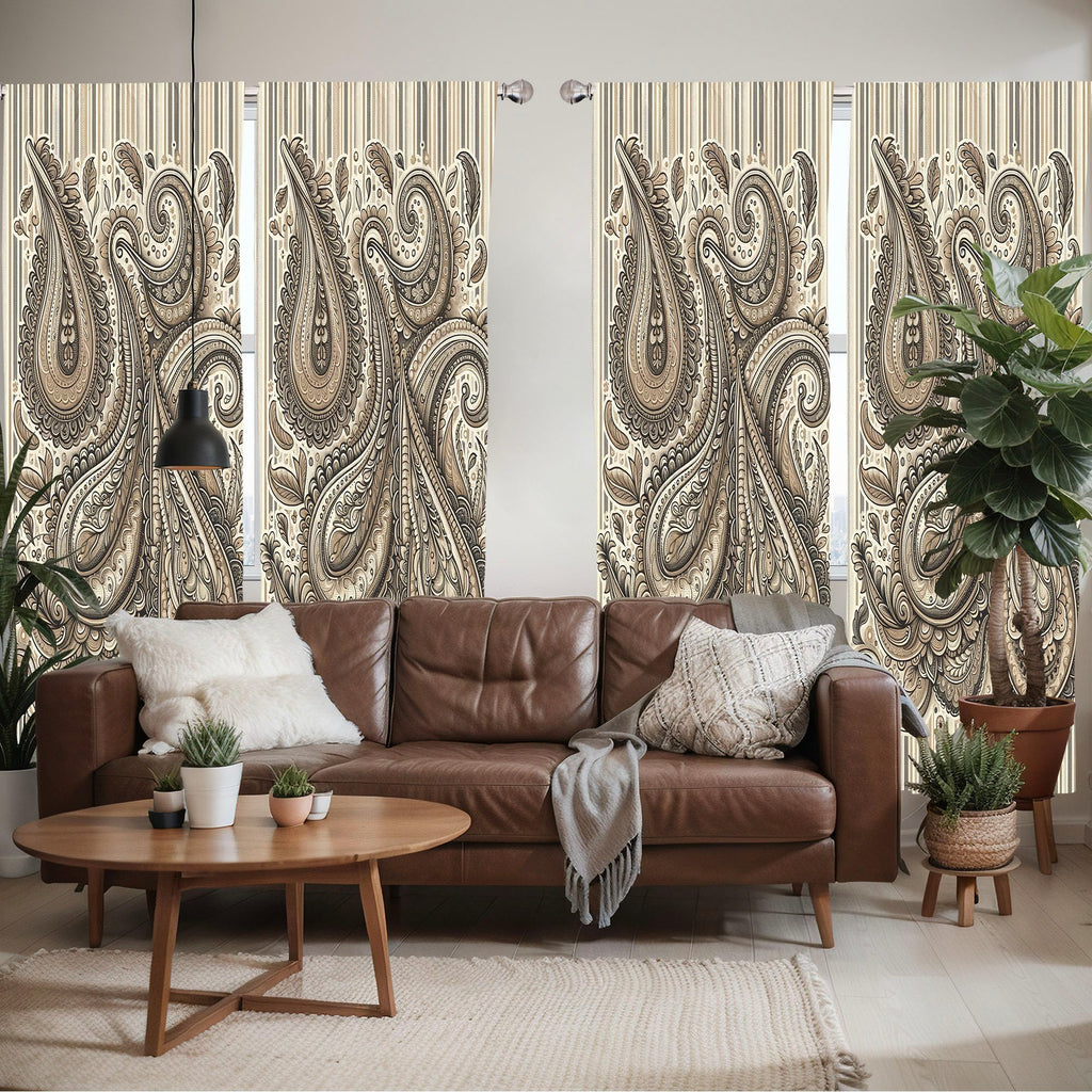 Ambesonne Paisley Window Curtains Pack Of 2, Delicate Bohemian Leafy Motives On Stripes In Neutral Muted Colors, Lightweight Set