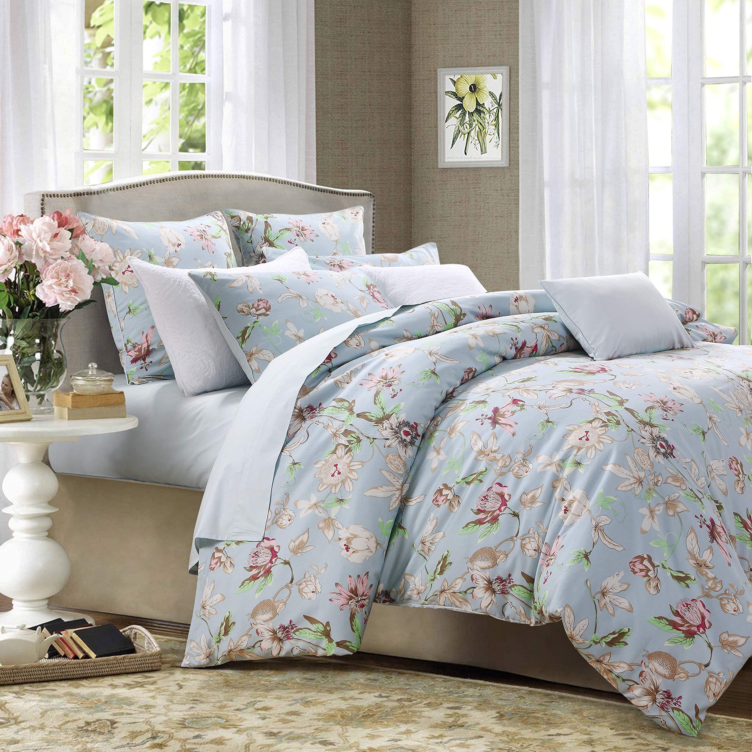 Brandream Duvet Cover Set Queen Size Blue Vintage Botanical Flower Printed Floral Girls Bedding Set (Duvet Cover + 2 Pillow Sham