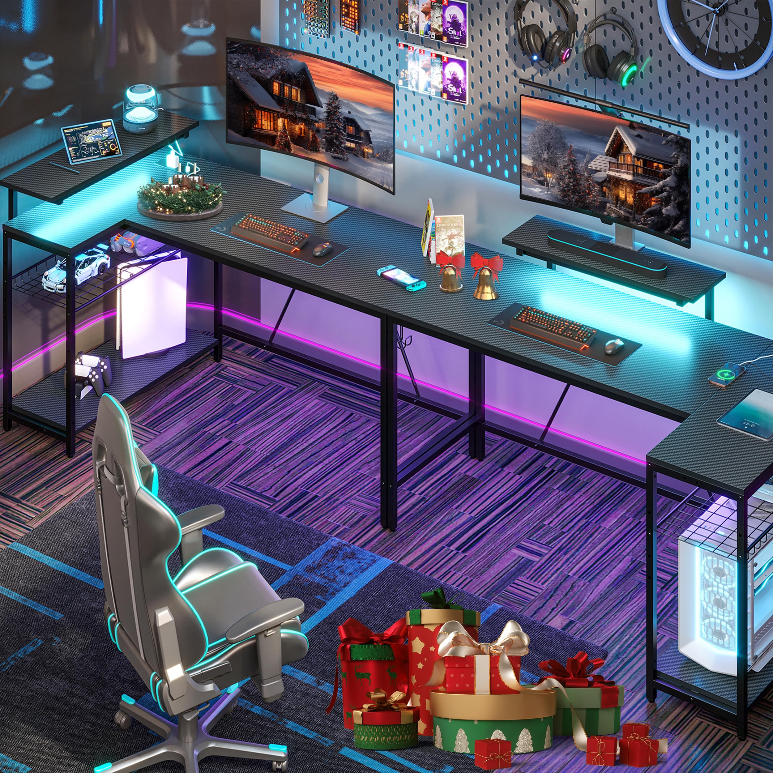 Bestier 58 L Shaped Gaming Desk With Led Lights & Power Outlets,Reversible Home Office Corner Desk With Shelves,Larger Pc Workstation With Hooks For Studying,Desk For Bedroom,Carbon Fiber Black