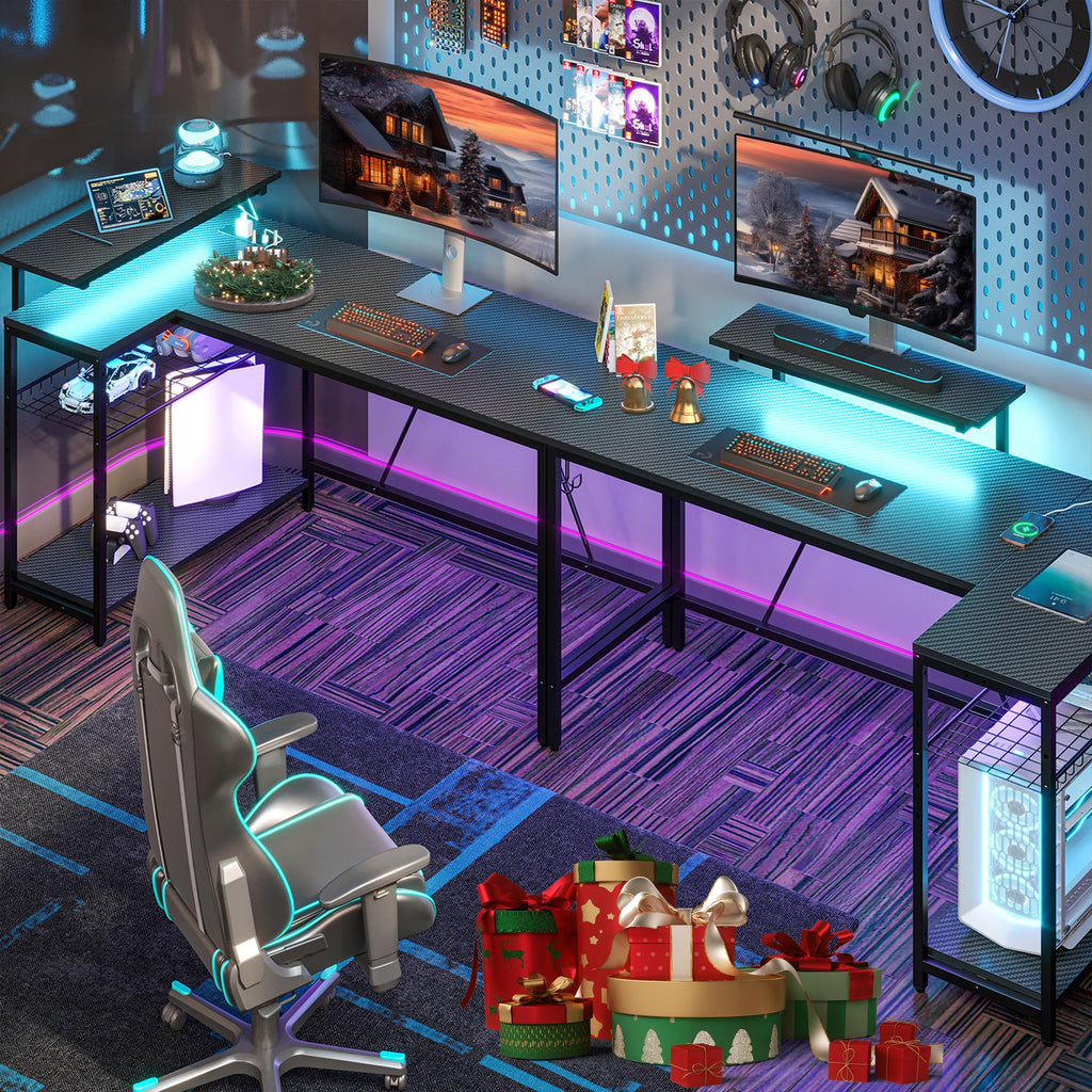 Bestier 58" L Shaped Gaming Desk with LED Lights, Power Outlets, Carbon Fiber Black, Reversible Home Office Corner Desk