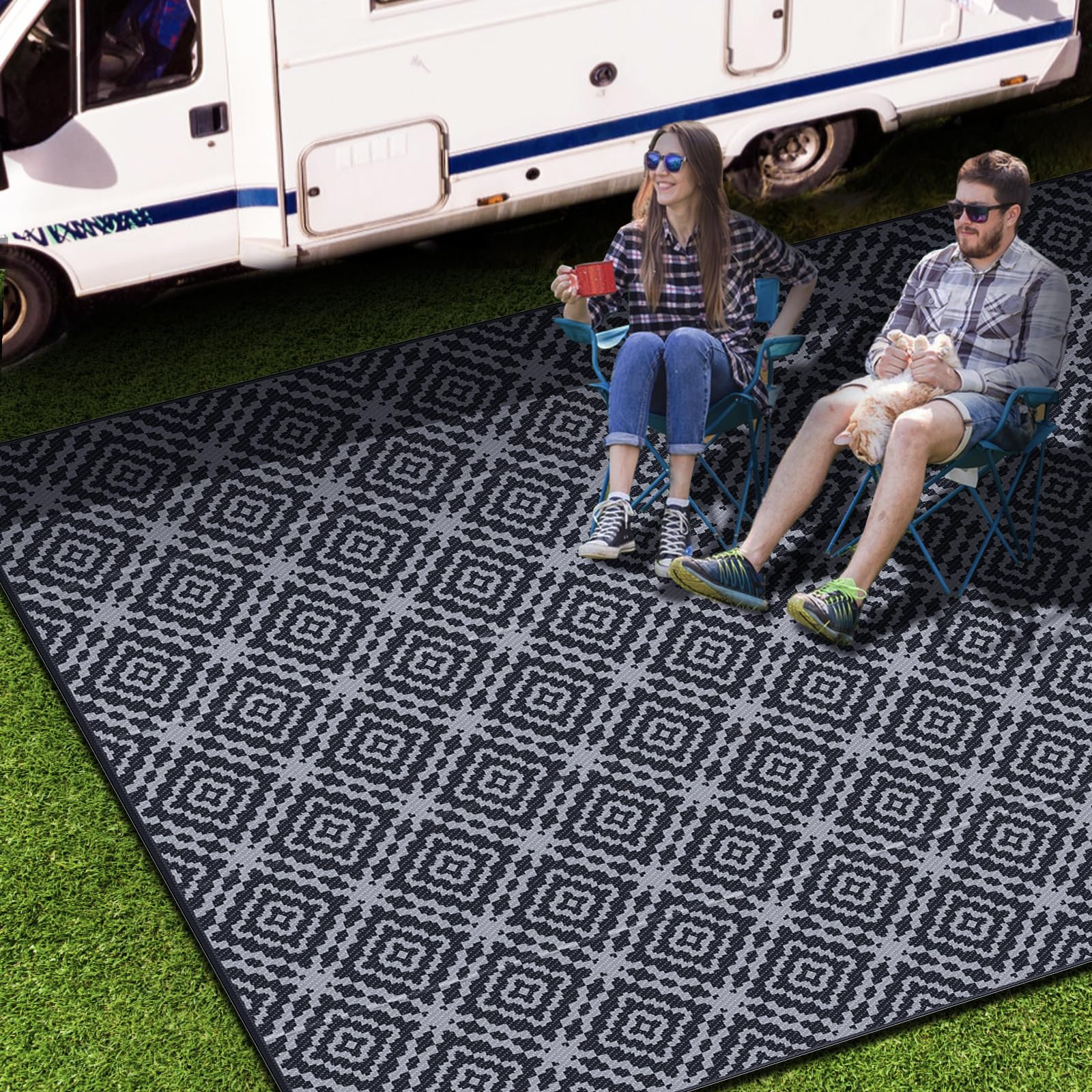 Outdoor Camping Rug Waterproof 9x12FT, Large Reversible Stain&UV Resistant Plastic Straw RV Rug for Outside Patio Pool Deck Beac