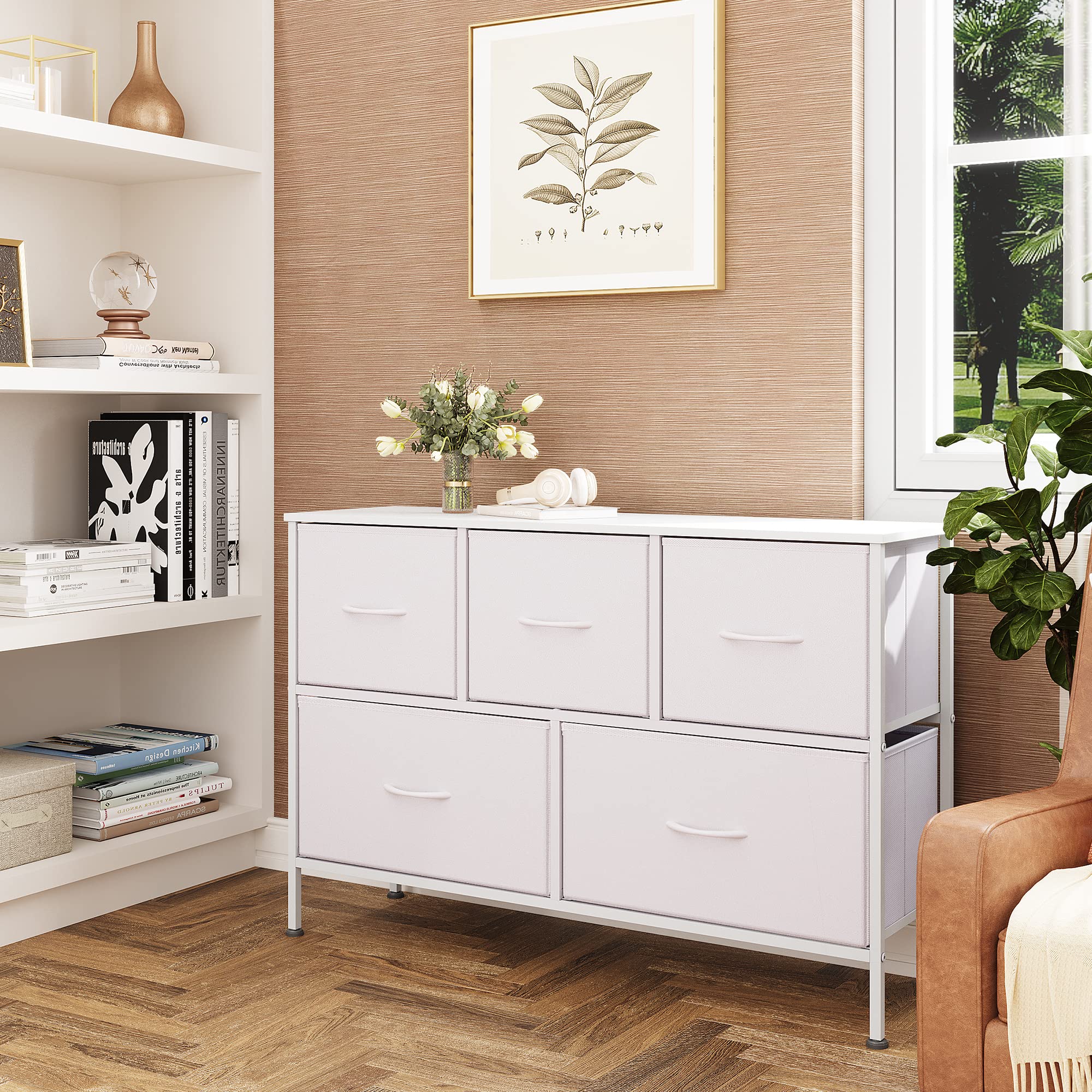 Wlive Dresser With 5 Drawers, Dressers For Bedroom, Fabric Storage Tower, Hallway, Entryway, Closets, Sturdy Steel Frame, Wood Top, Easy Pull Handle (White)