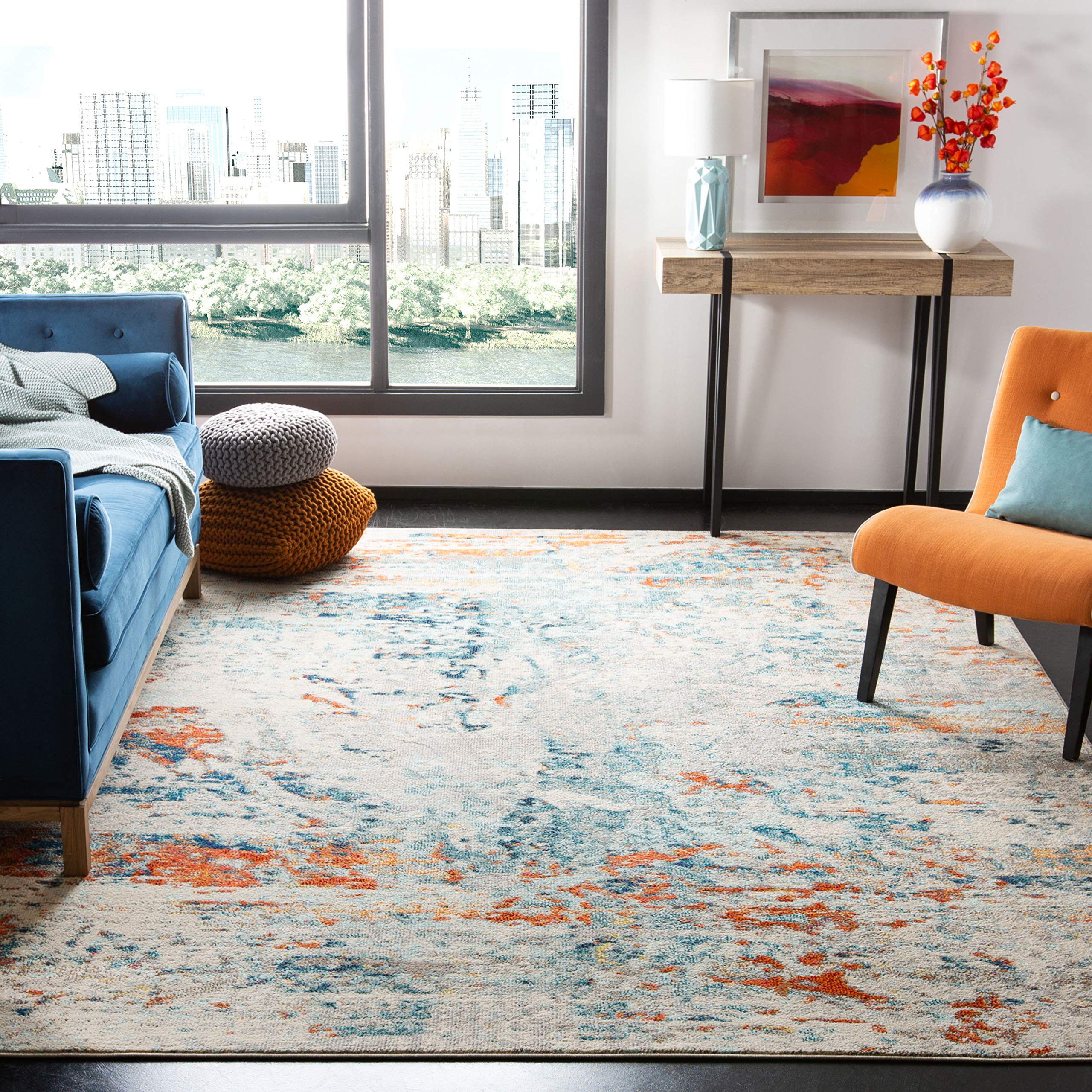 SAFAVIEH Madison Collection 5 Square Cream / Orange MAD478B Modern Abstract Non-Shedding Living Room Bedroom Area Rug