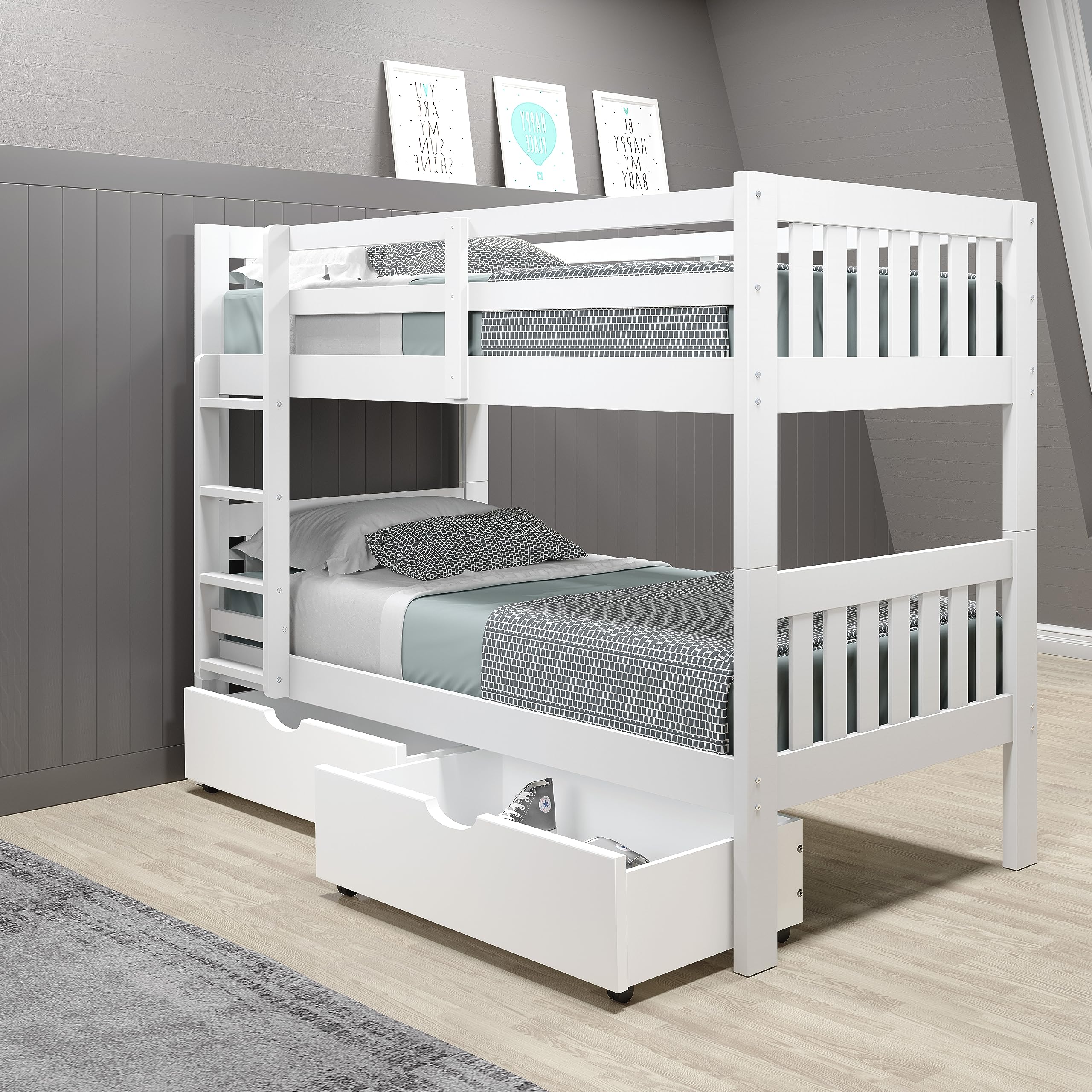 Donco Kids Austin Mission Twin Over Twin White Bunkbed With Dual Underbed Drawers