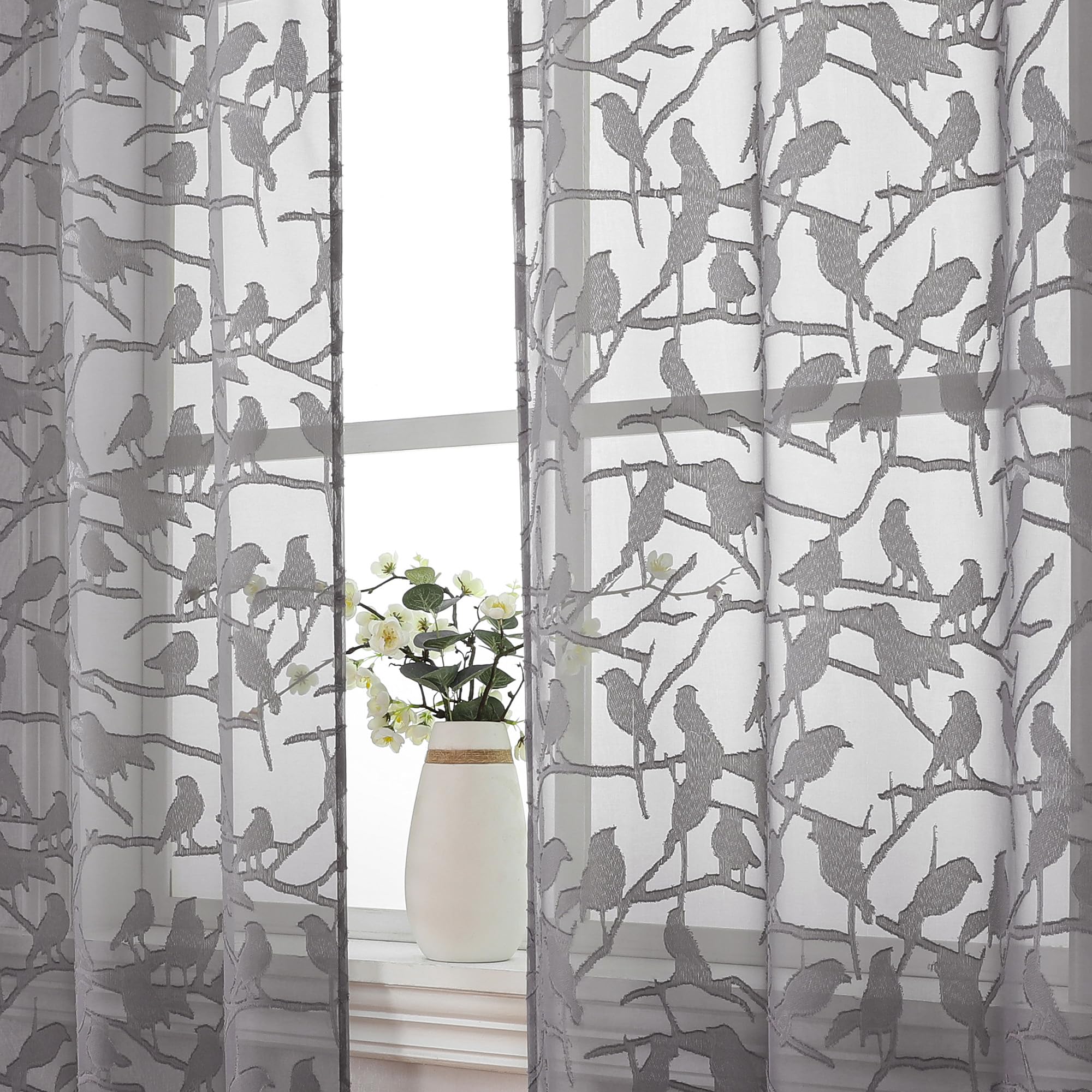 Ovzme Anji Bird Charcoal Grey Sheer Curtains 45 Inches Long 2 Panels For Small Window, Light Filtering Privacy Cafe Curtains Rod