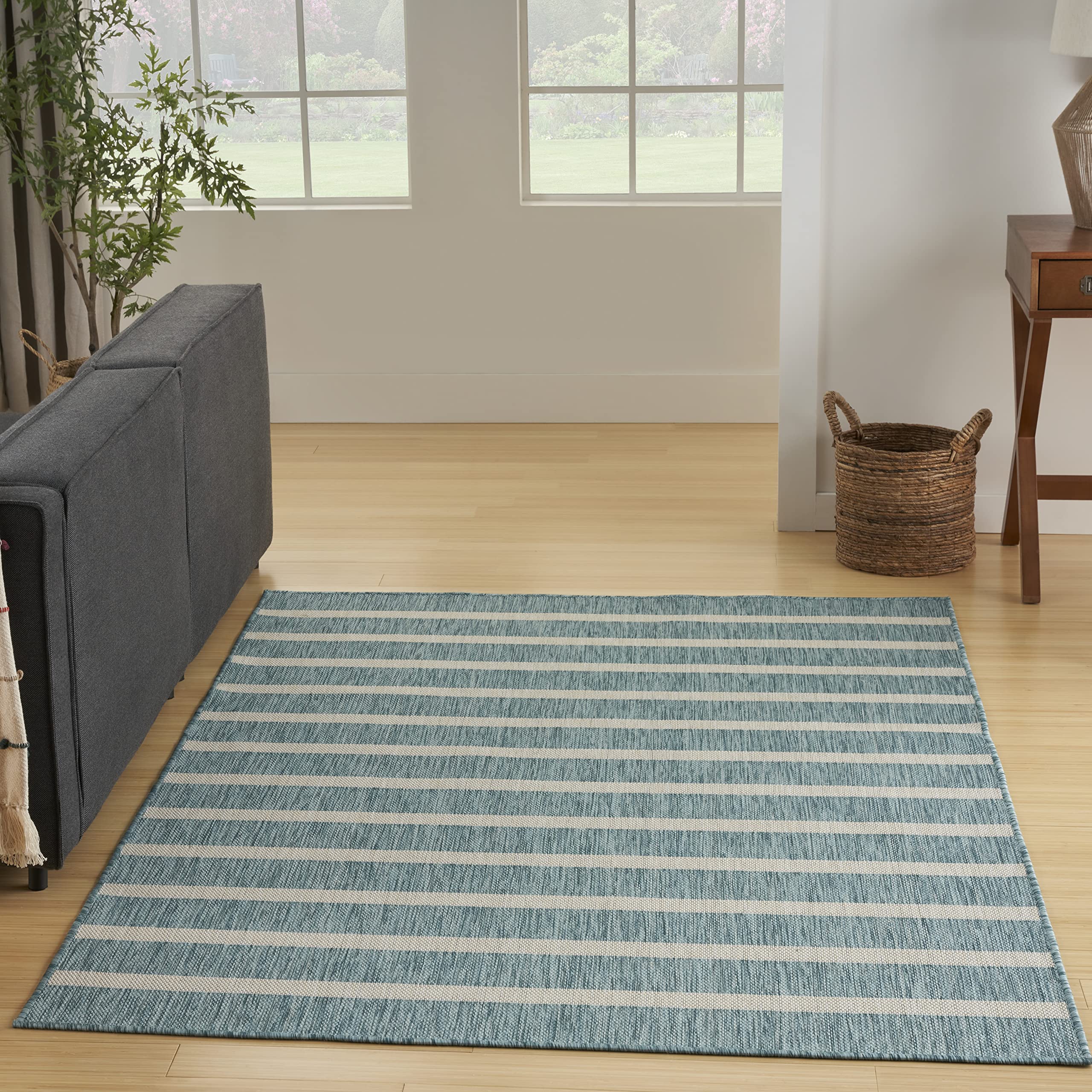 Nourison Positano Indoor/Outdoor Aqua Ivory 6' X 9' Area Rug, Easy Cleaning, Non Shedding, Bed Room, Living Room, Dining Room, D