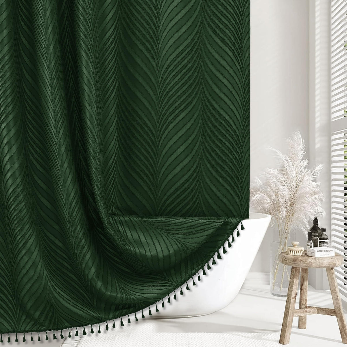 Siiluminisoy Dark Green Boho Shower Curtain Woven Fabric Cute Shower Curtain, 72 X 72 Tufted Leaves Textured Striped Modern Farm
