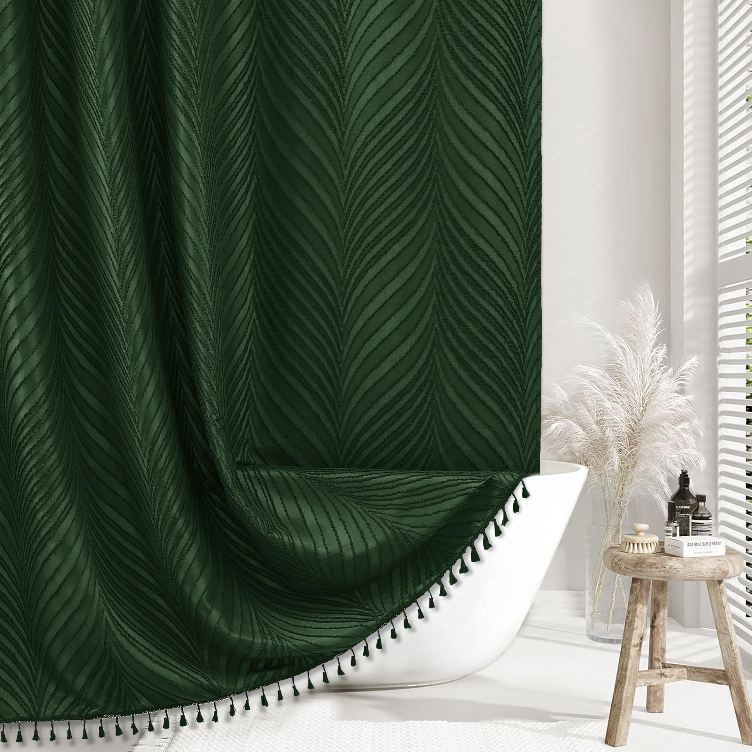 Siiluminisoy Dark Green Boho Shower Curtain Woven Fabric Cute Shower Curtain, 72 X 72 Tufted Leaves Textured Striped Modern Farm